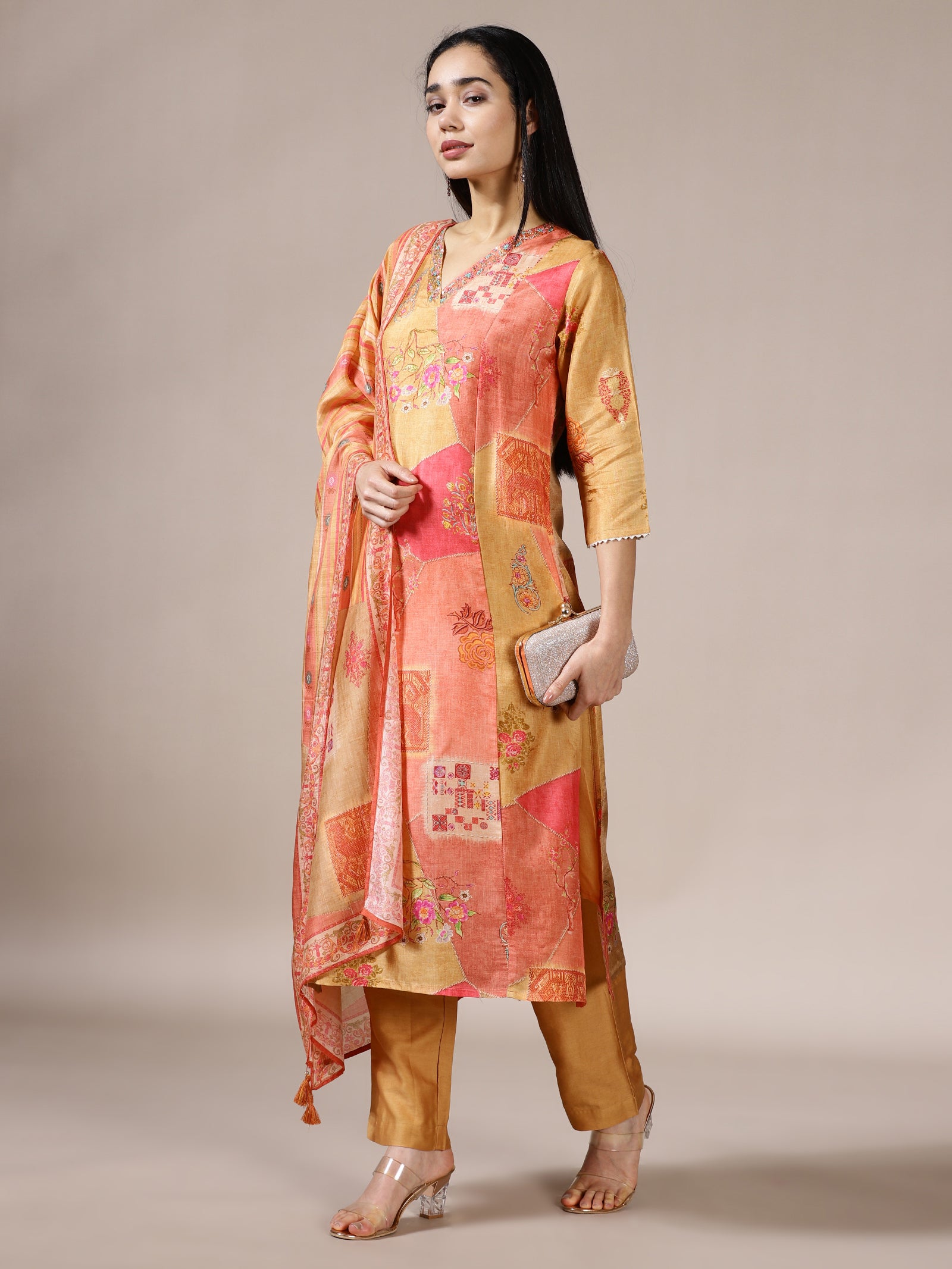Saffron Patchwork Printed Suit Set