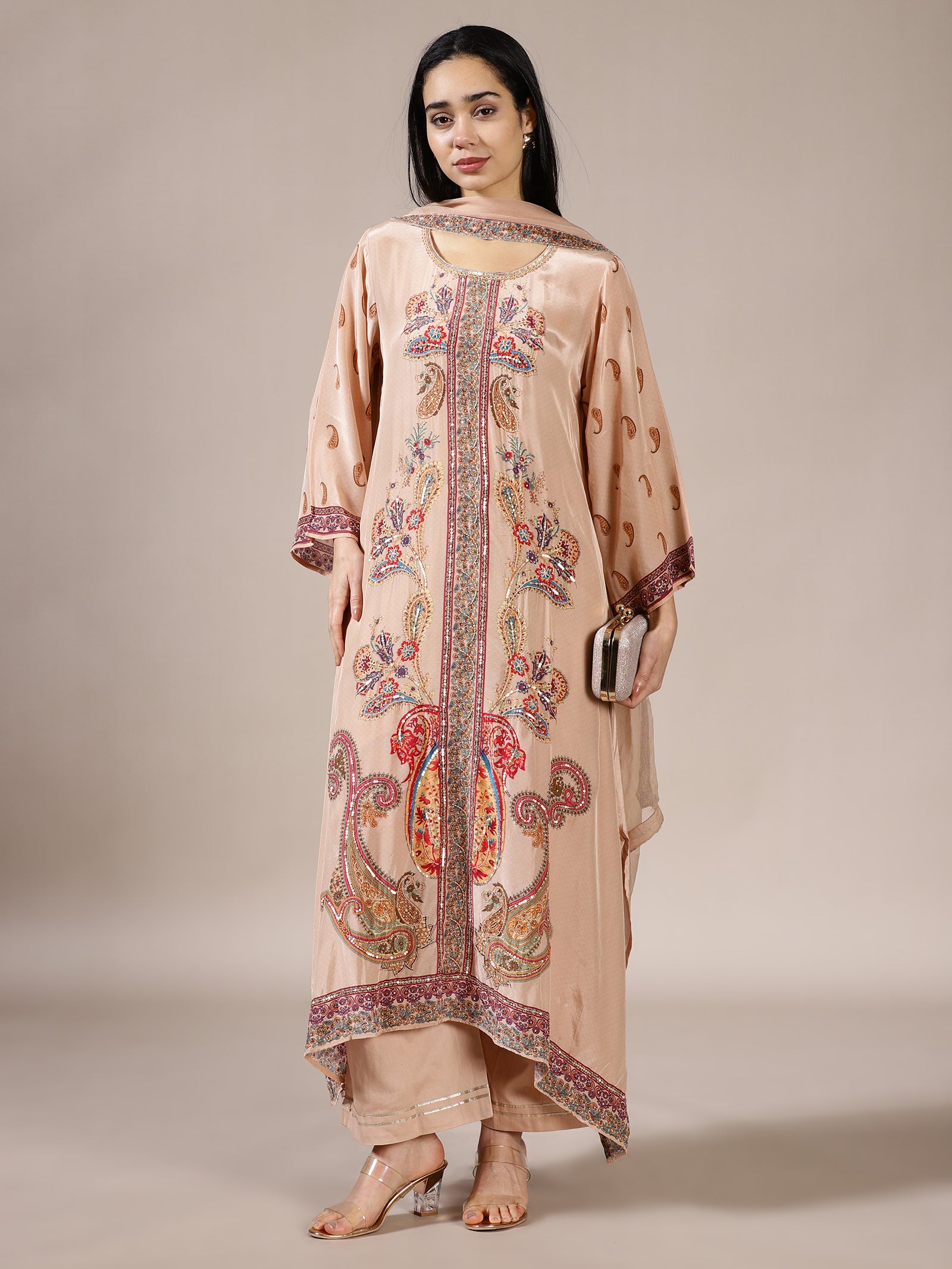 Beige Kurta Set with Detailed Paisley & Floral Kashmiri Embroidery