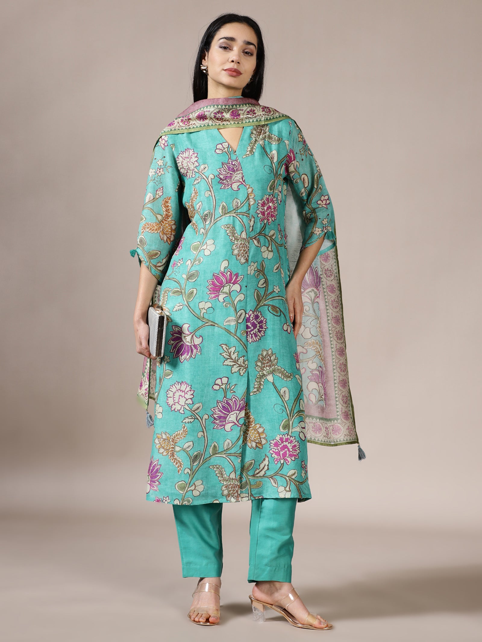 Aqua Floral Vine Printed Suit Set