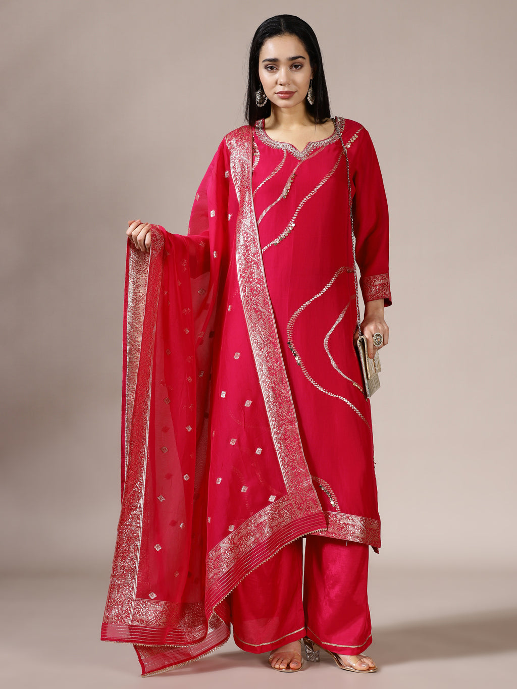 Magenta Solid Kurta Set with Contemporary Silver Sequin Detailing