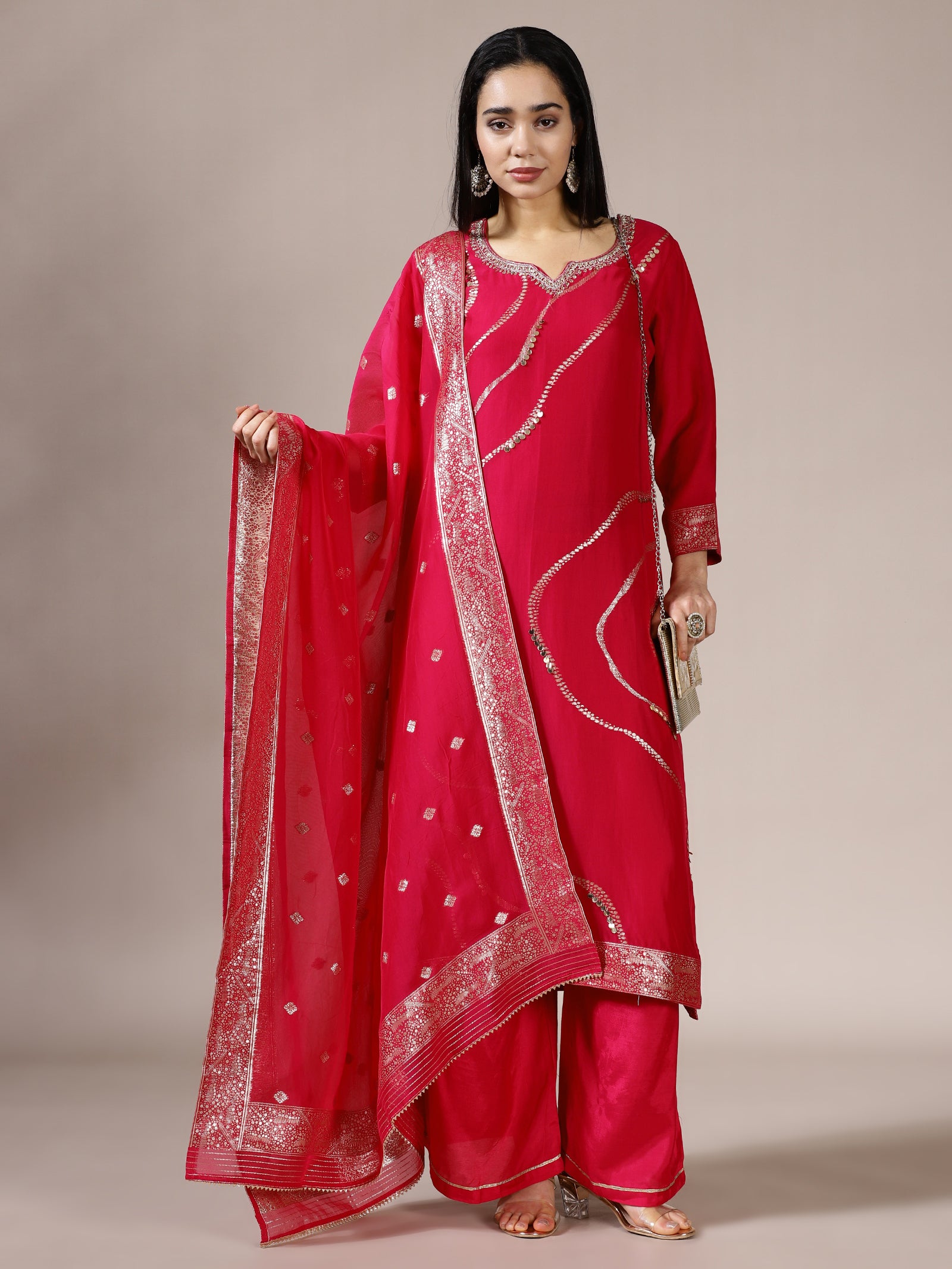 Magenta Solid Kurta Set with Contemporary Silver Sequin Detailing