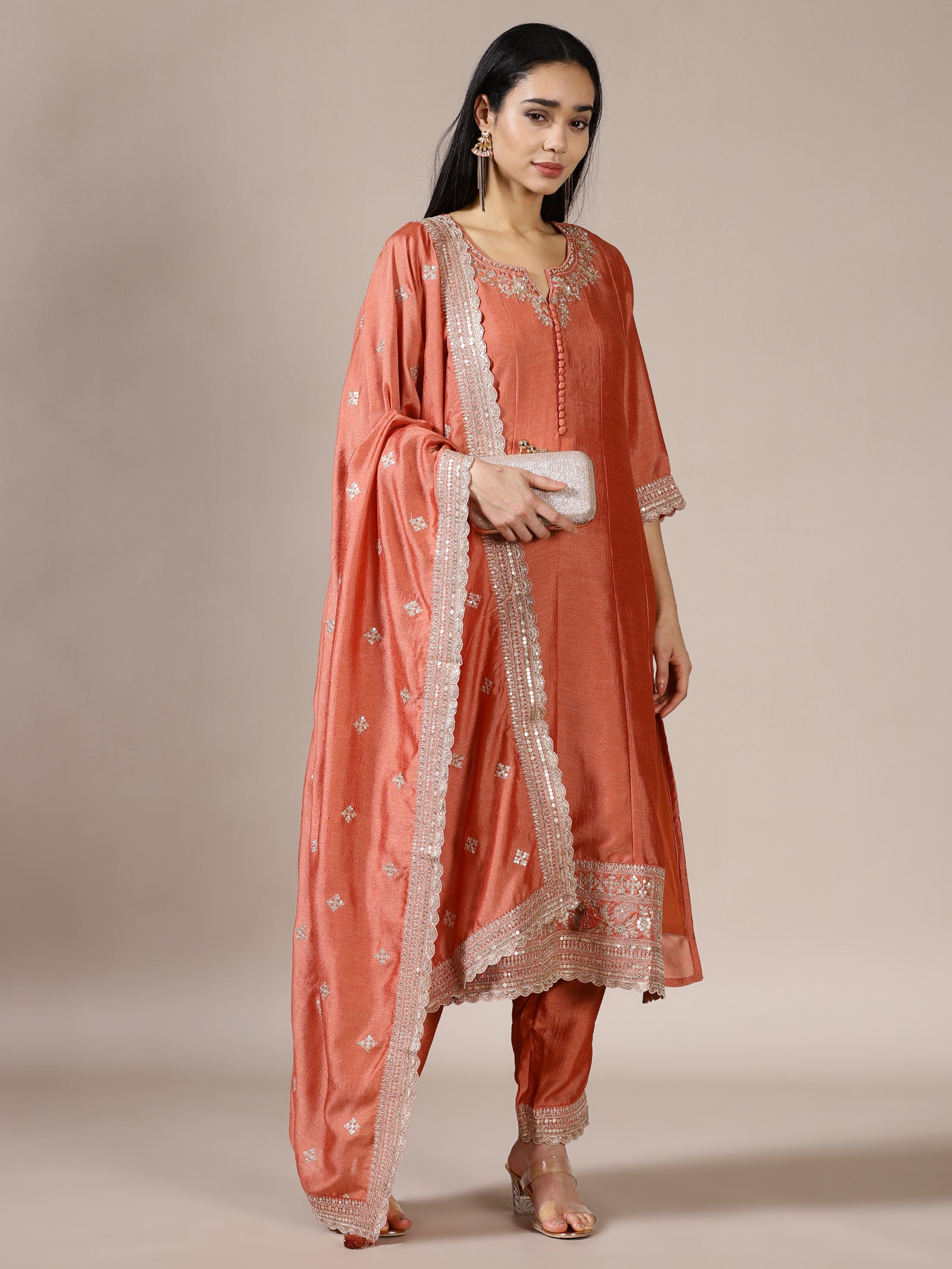 Coral Embroidered Suit Set
