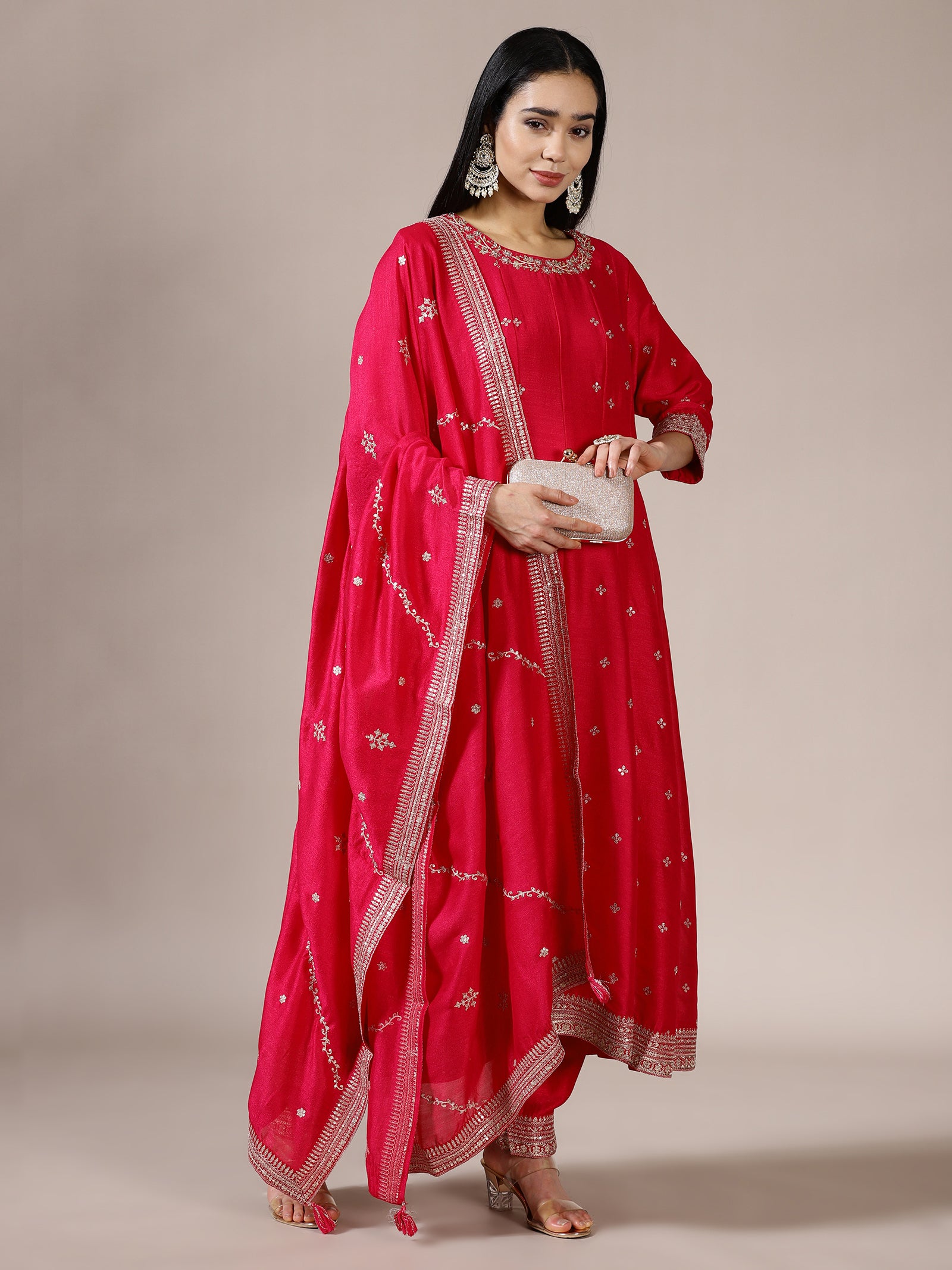 Fuschia Pink Mirror Work A-Line Suit Set