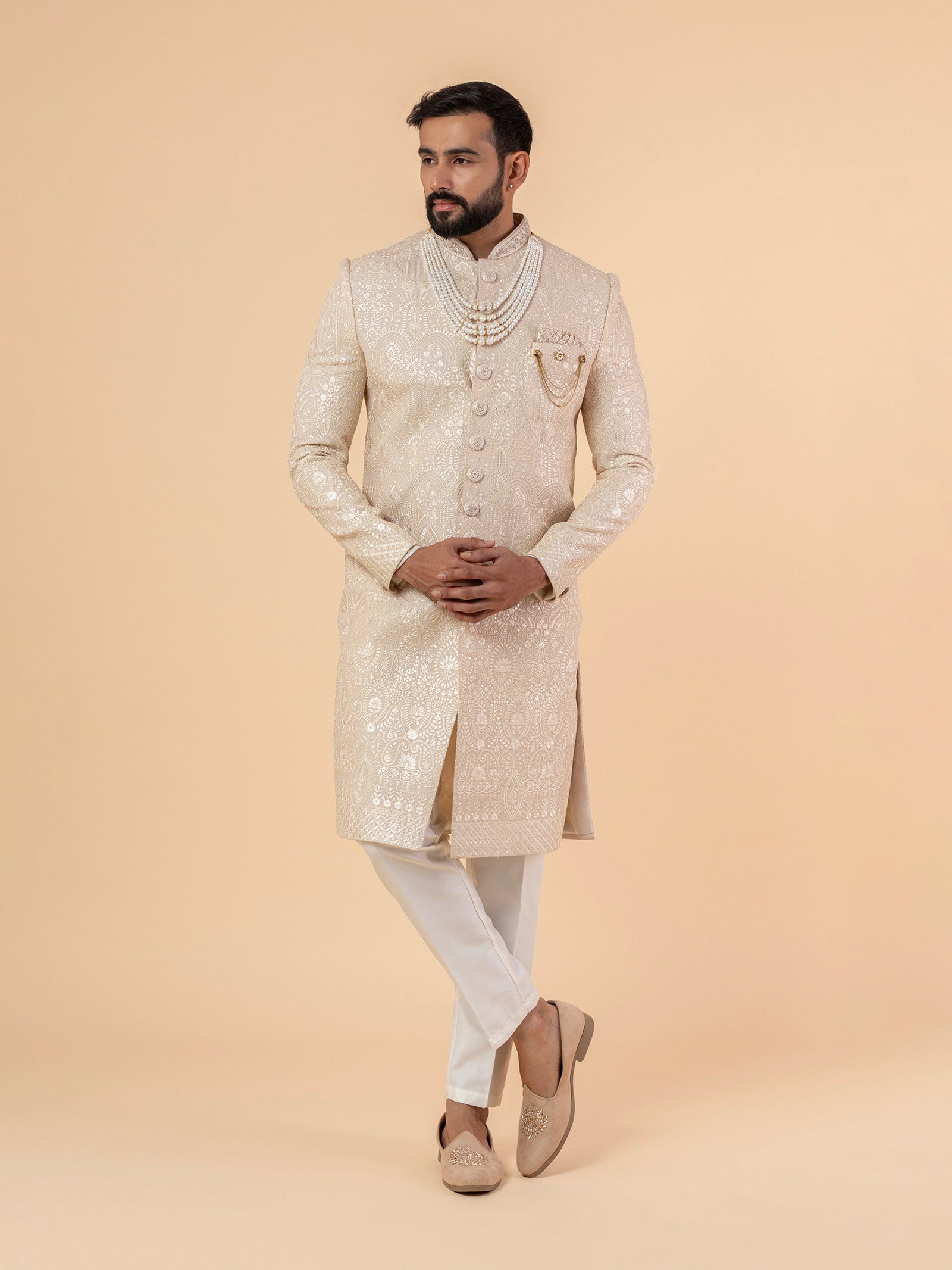 Ivory Grandeur Allover-Embroidered Sherwani
