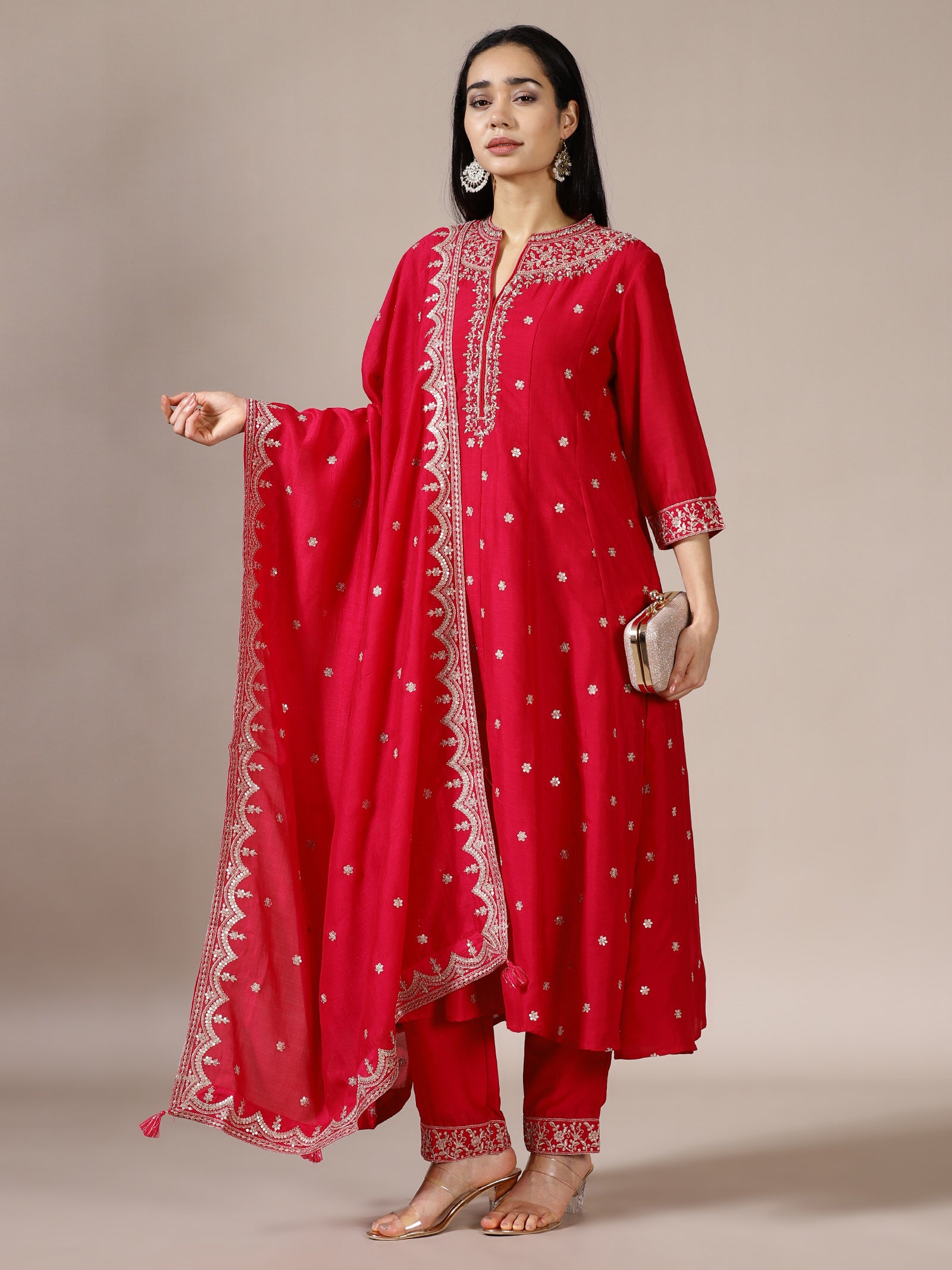Scarlet Red Zari Embroidered Kurta Set