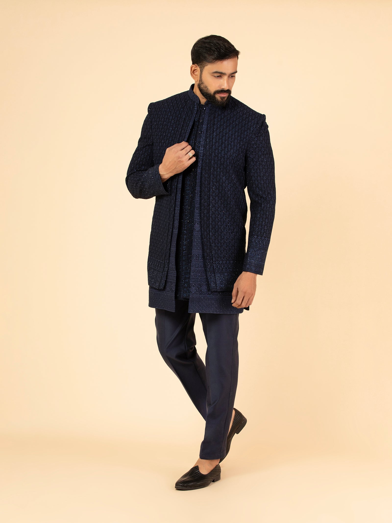 Indigo Diamond Lattice Indowestern Set