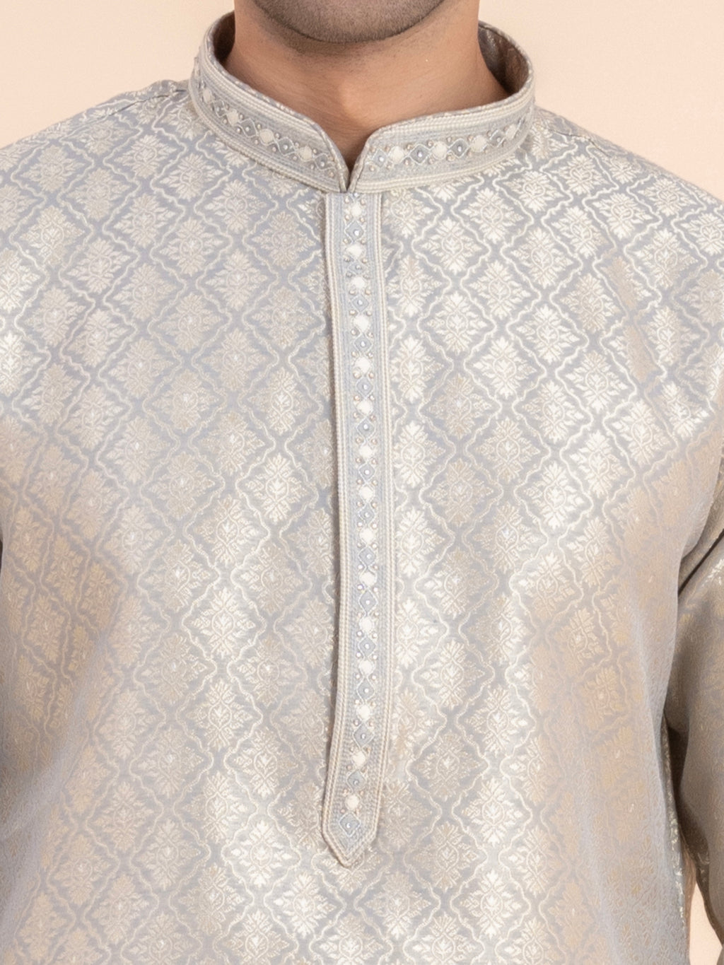 Silver Brocade Kurta Set