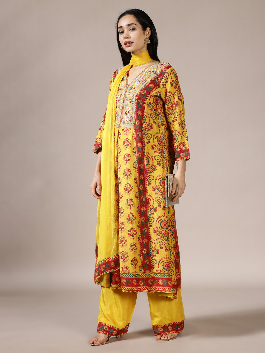 Mustard Block Print A-Line Kurta Set