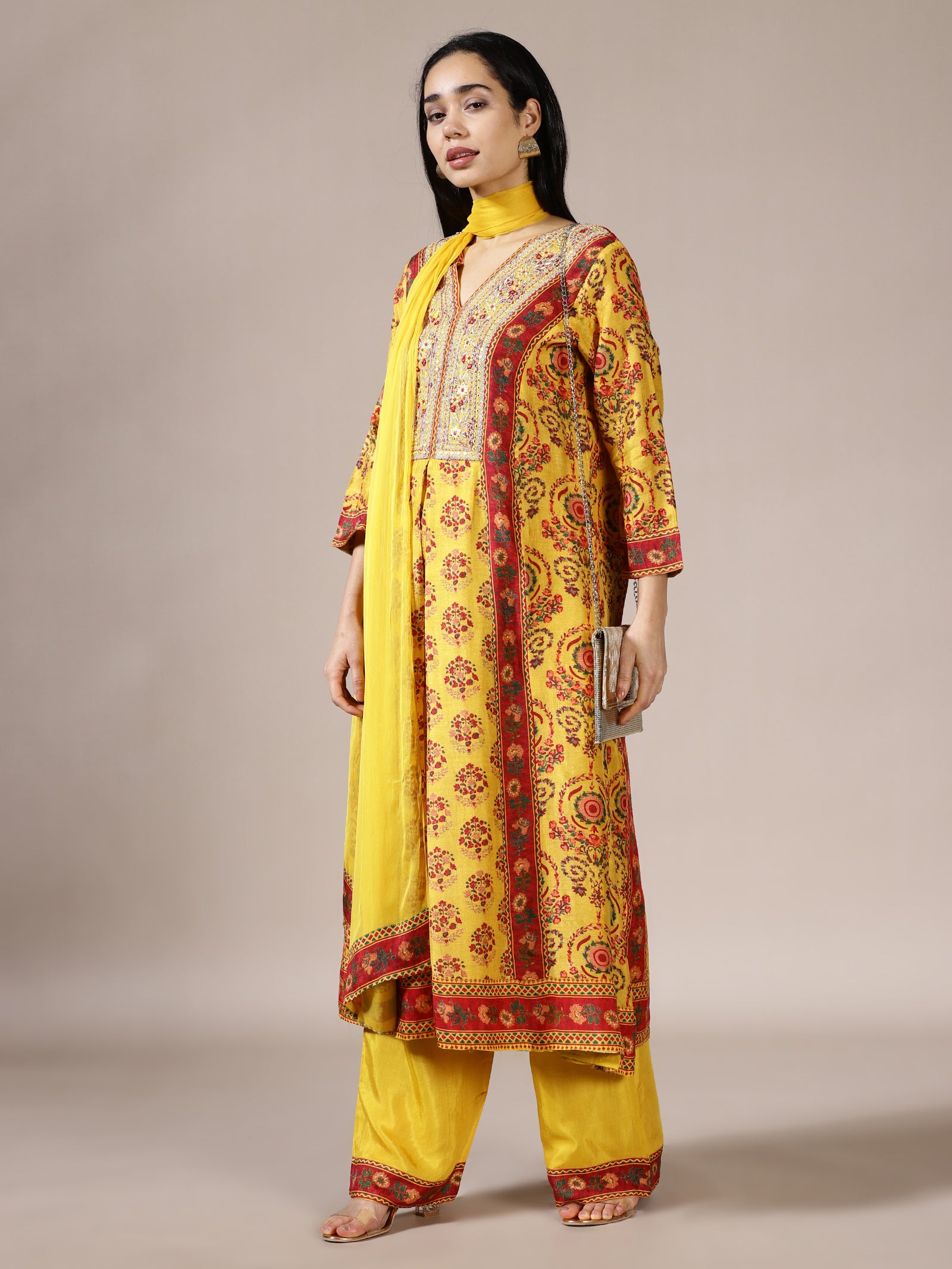 Mustard Block Print A-Line Kurta Set
