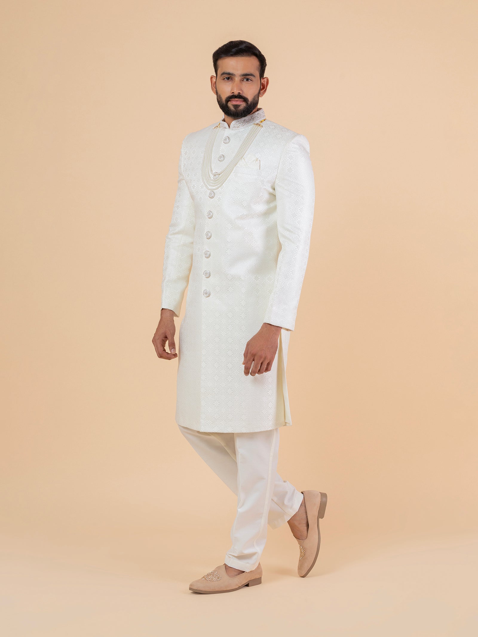 Soft Cream Heavy-Embroidered Sherwani
