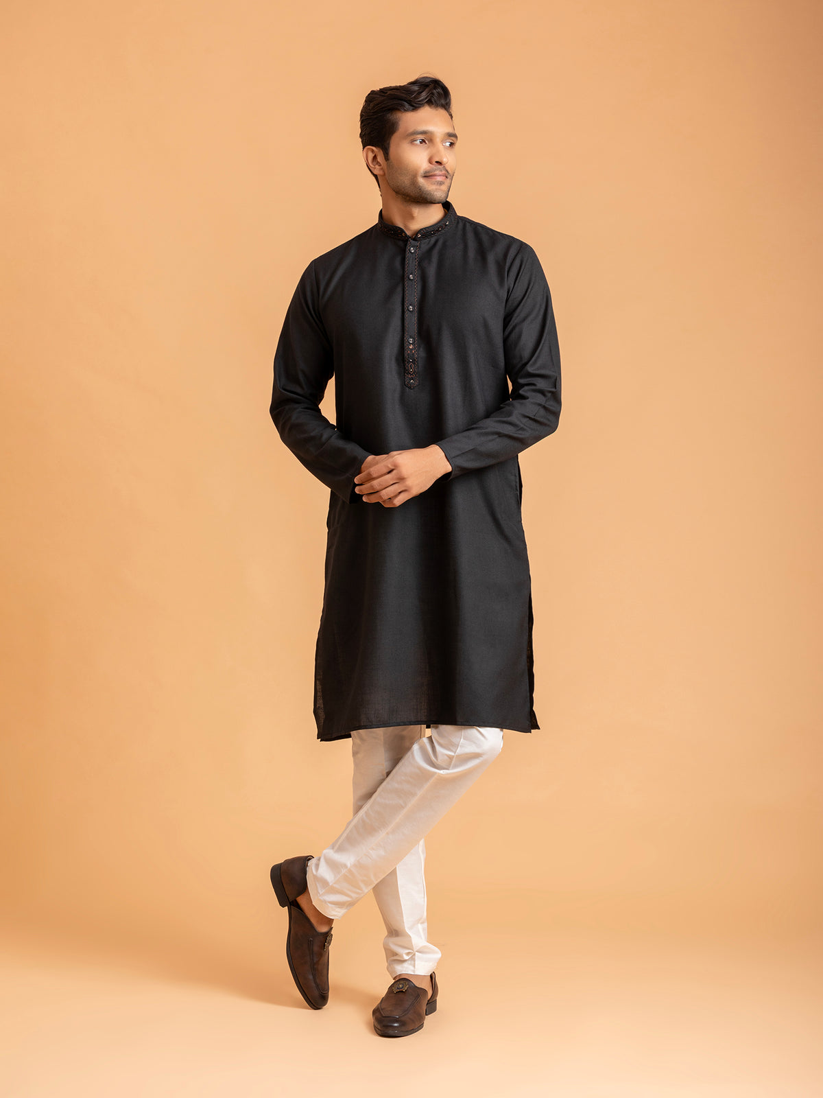 Black Embroidered Placket Kurta Set