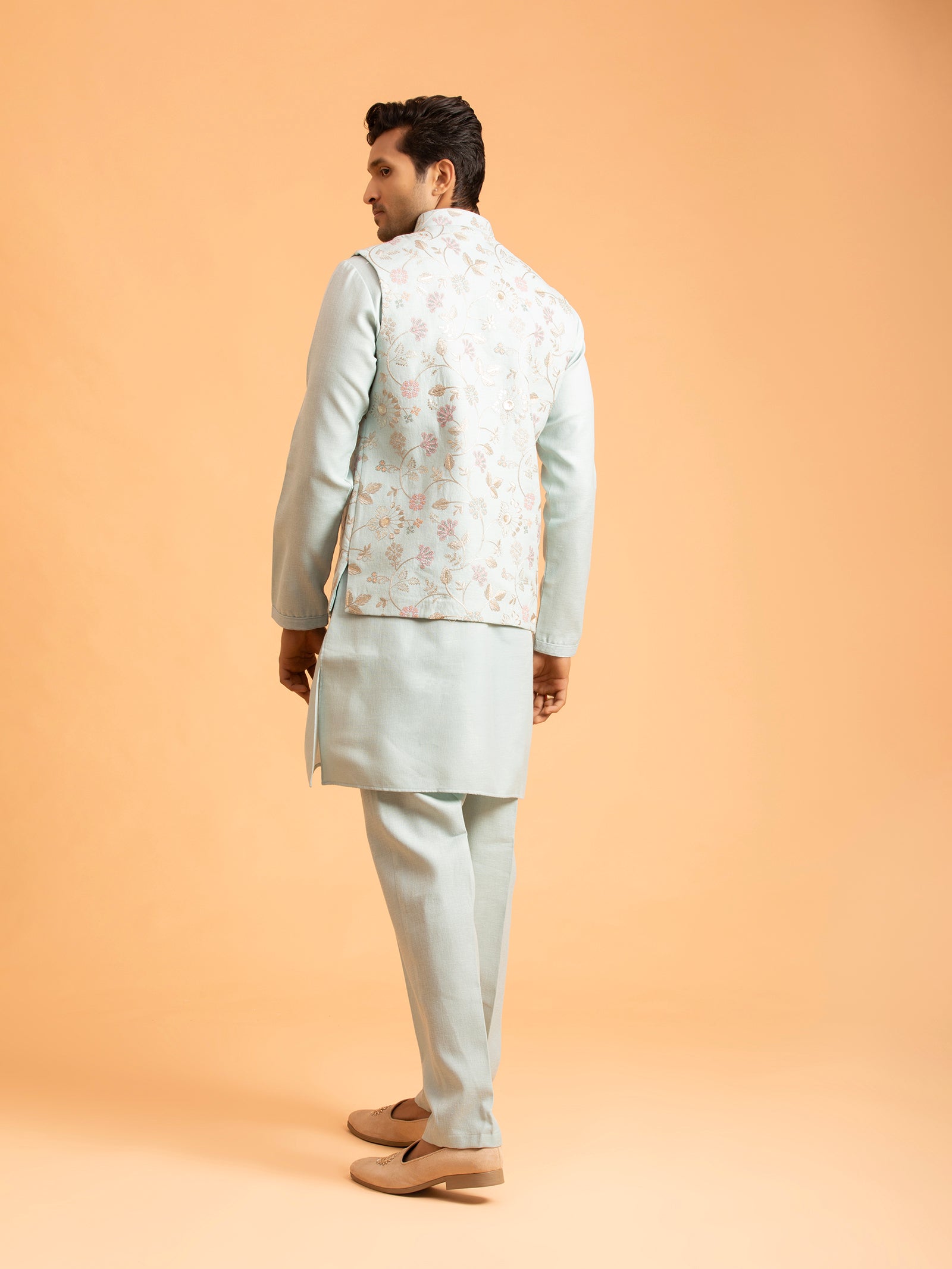 Azure Serenity Floral Embroidered Nehru Jacket Set