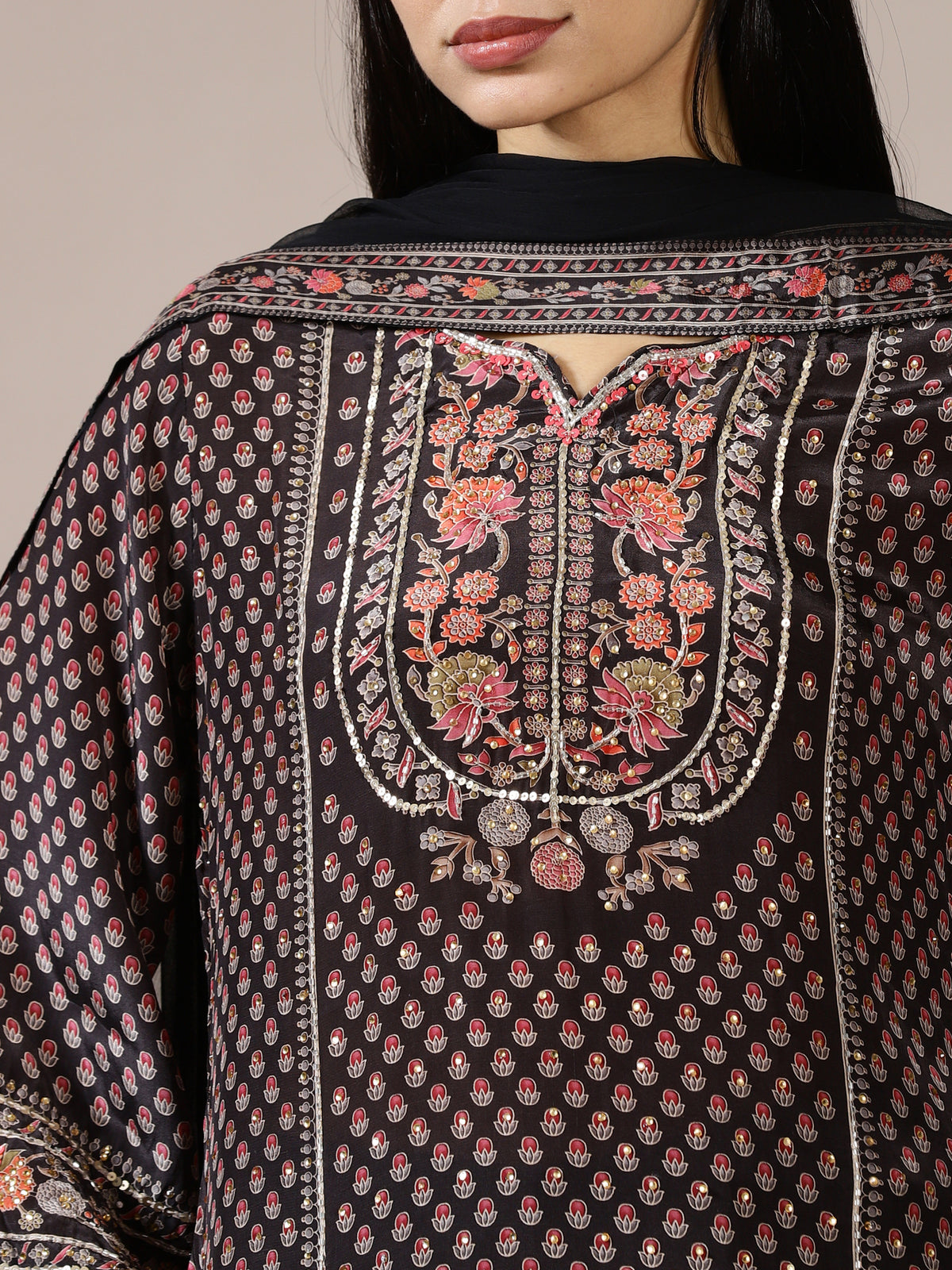 Black Embroidered Printed Suit Set