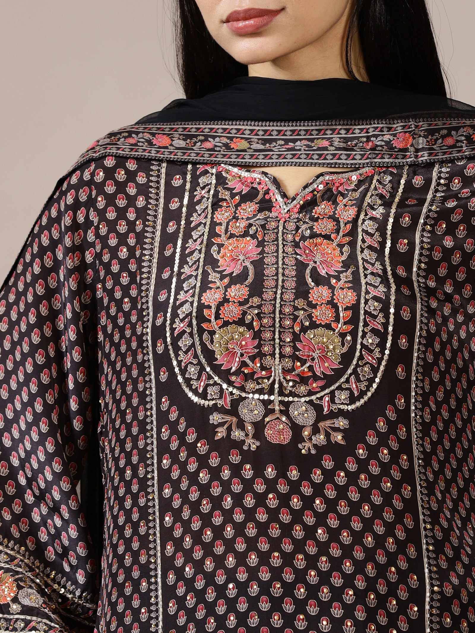 Black Embroidered Printed Suit Set