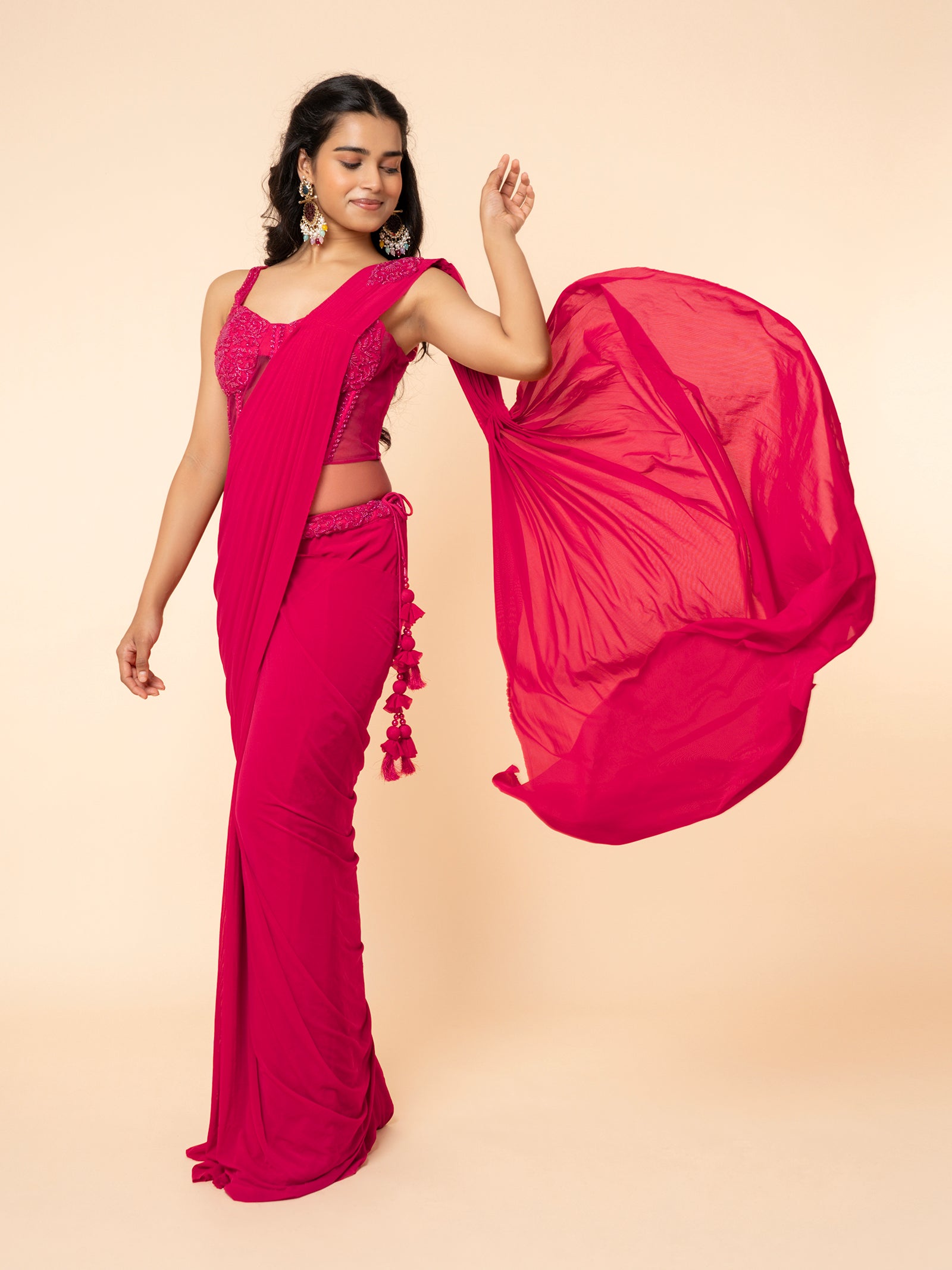 Hot Pink Pre-draped Saree with Embellished Corset-Style Blouse