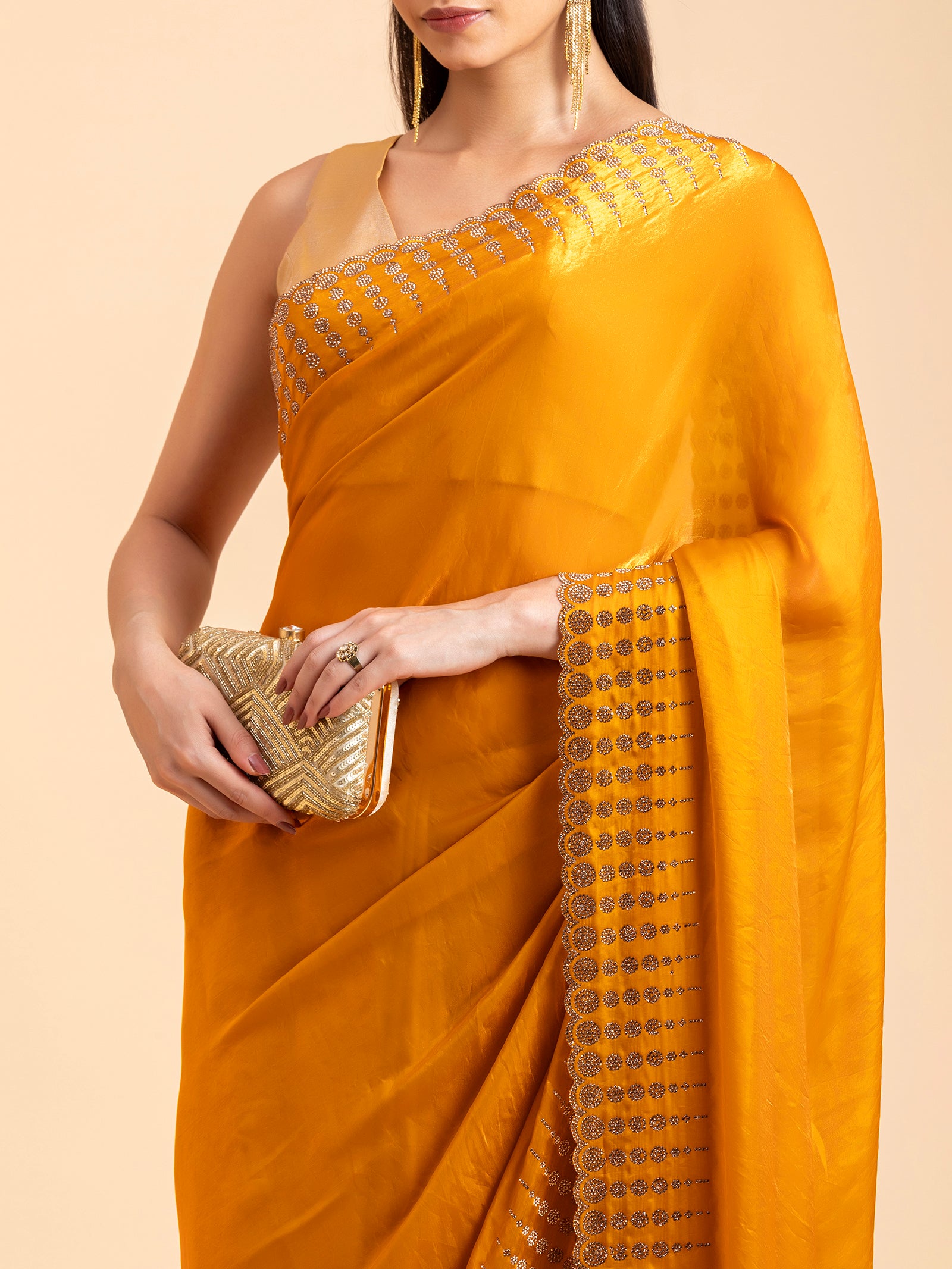 Tuscan Mustard Geometric Scalloped Saree