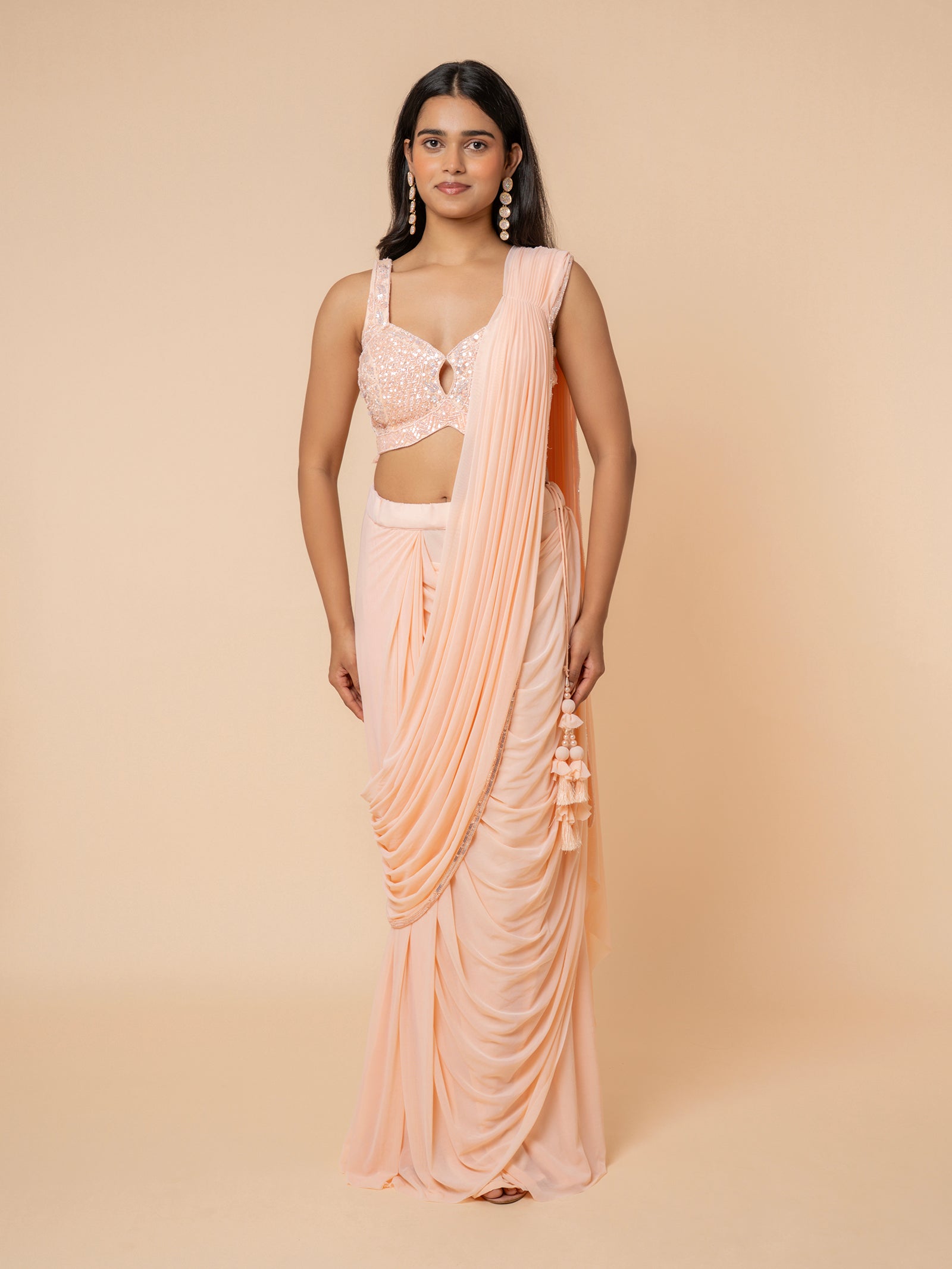 Peach Pre-draped Saree with Embellished Sweetheart Blouse