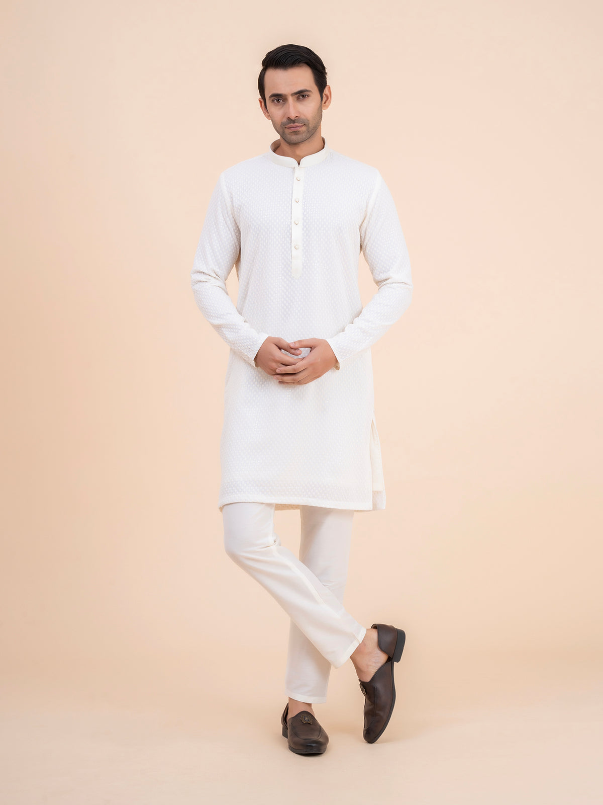 Off-White Textured Kurta Set