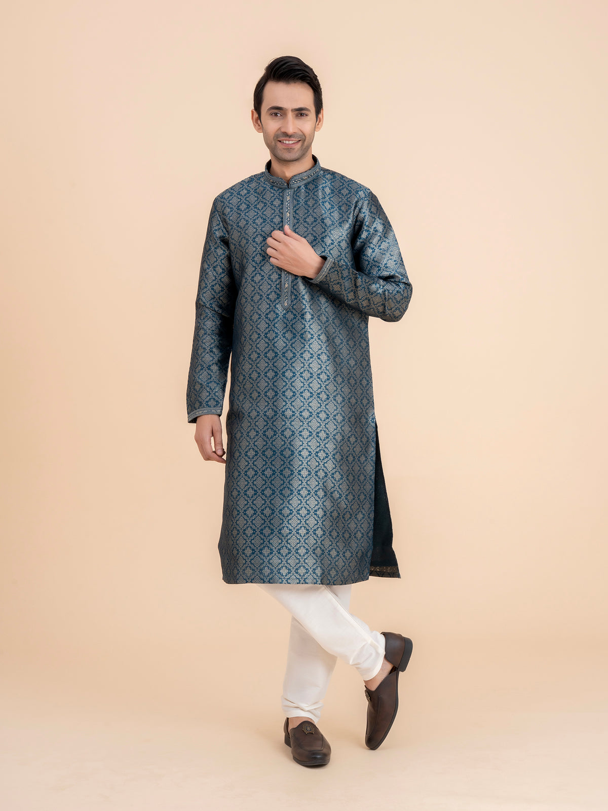 Navy Brocade Kurta Set