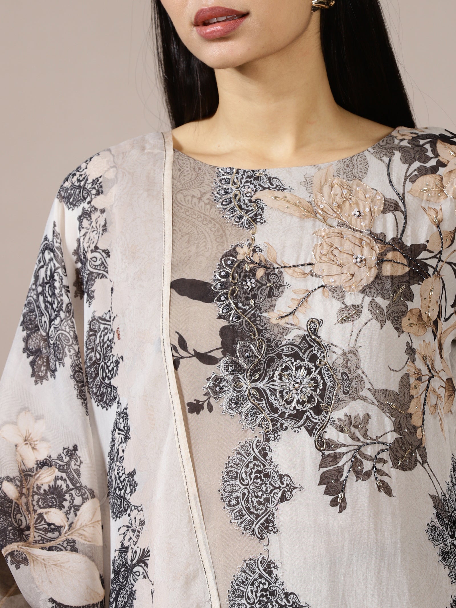 Grey Floral Abstract Suit Set