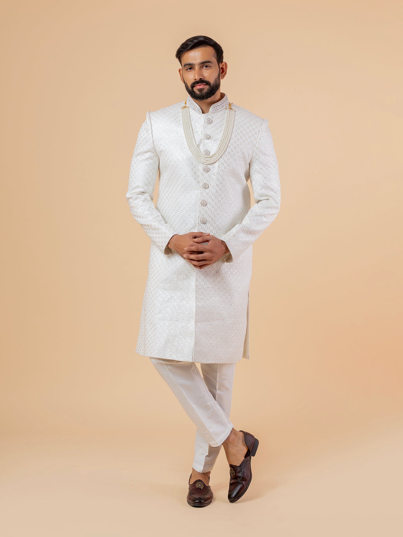 Warm White Allover-Embroidered Sherwani