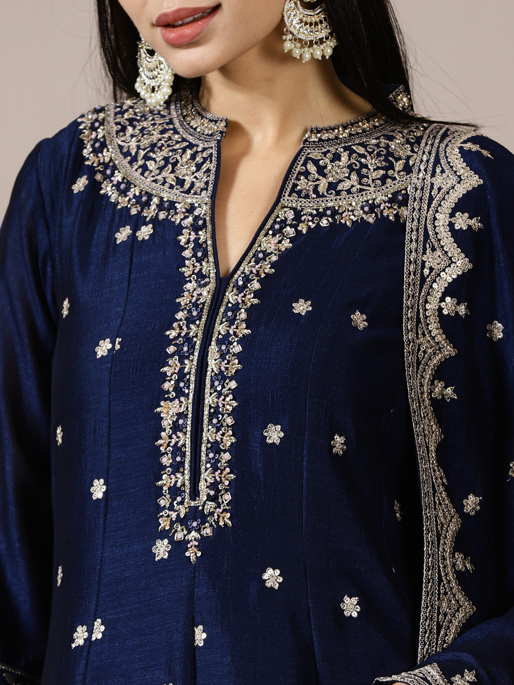 Midnight Blue A-Line Zari Work Suit Set