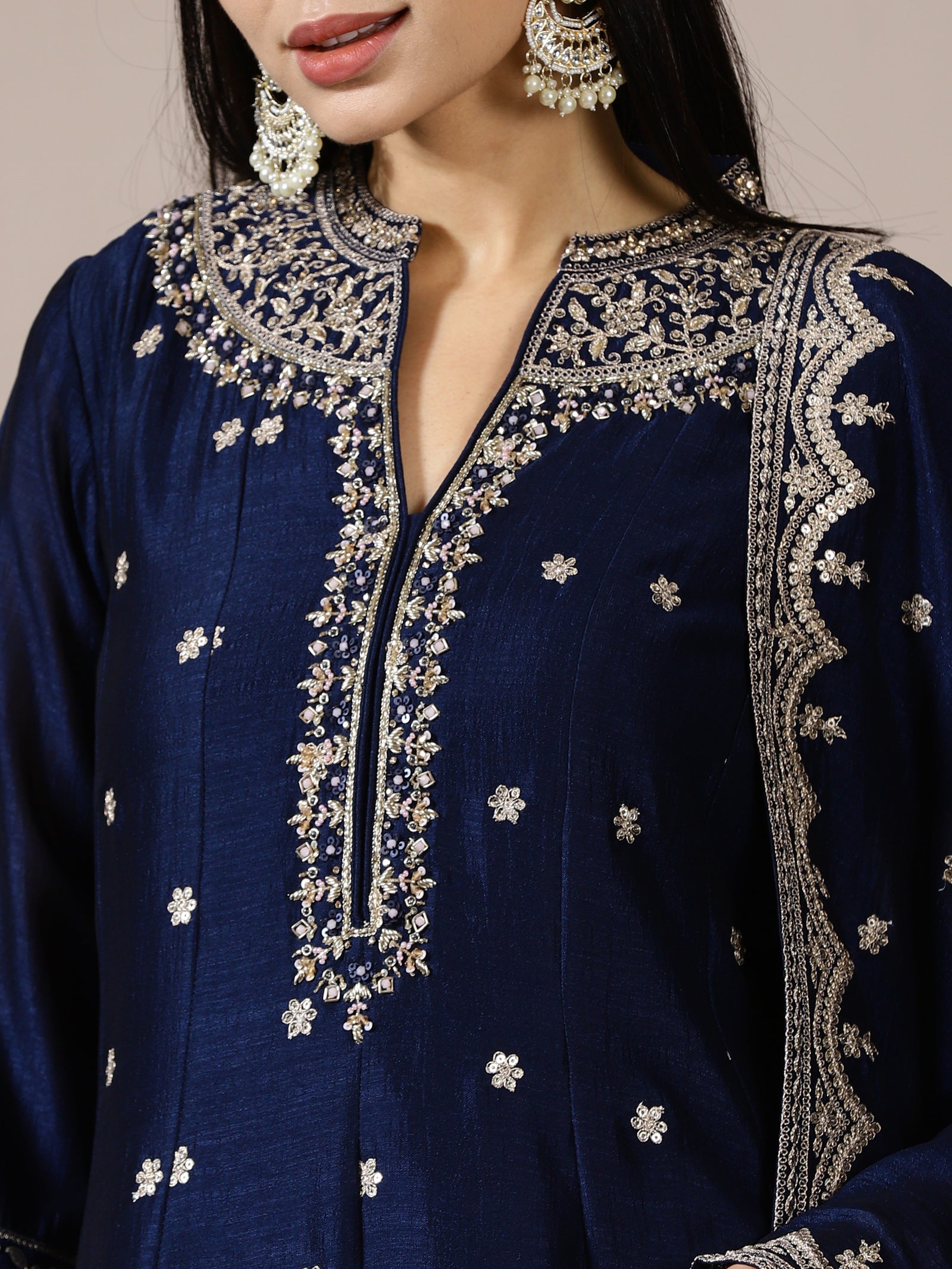 Midnight Blue A-Line Zari Work Suit Set