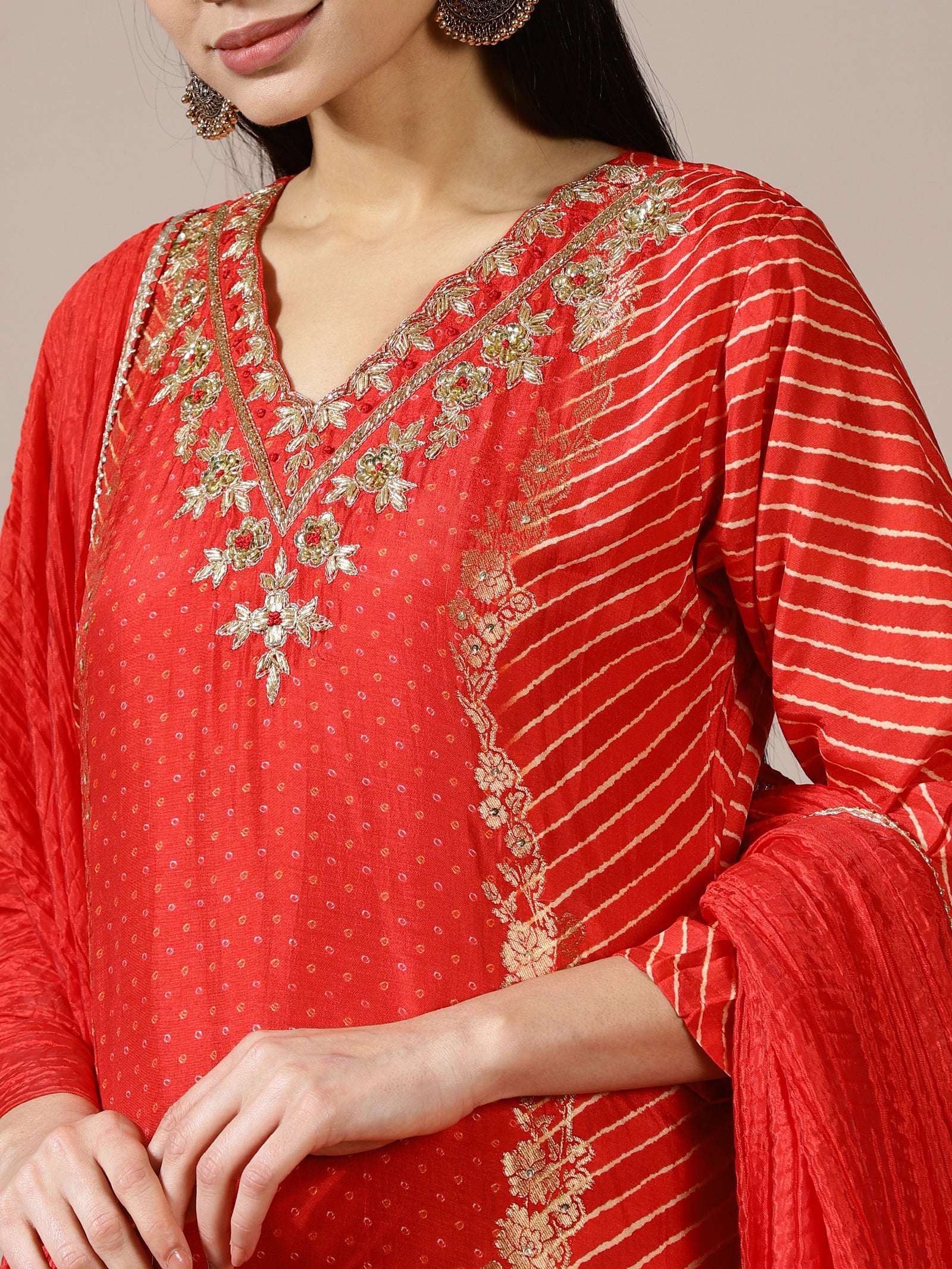 Red Striped Kurta & Tiered Gharara Set with Gold Sequin Work