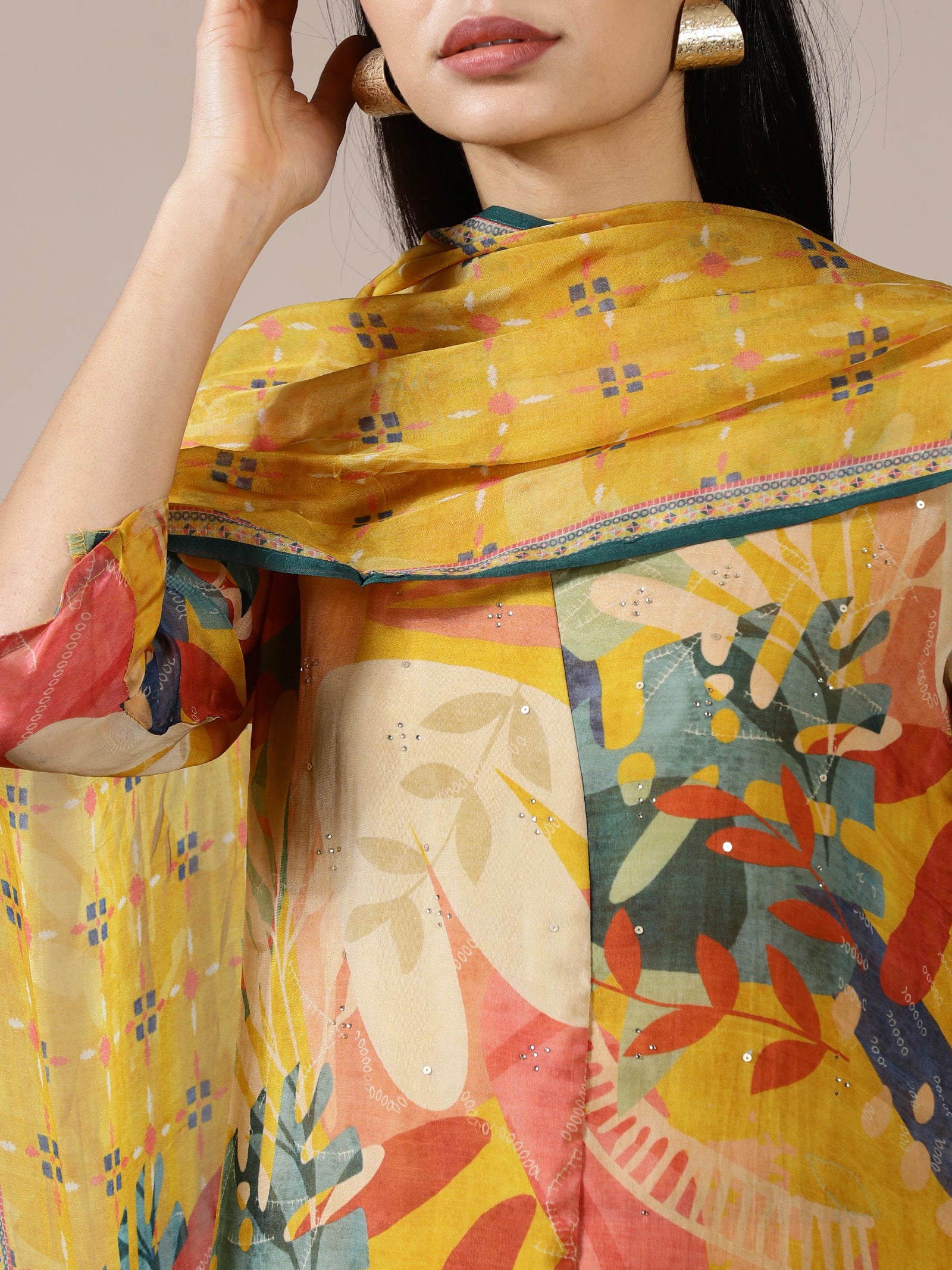 Mustard Yellow Abstract Print Suit Set