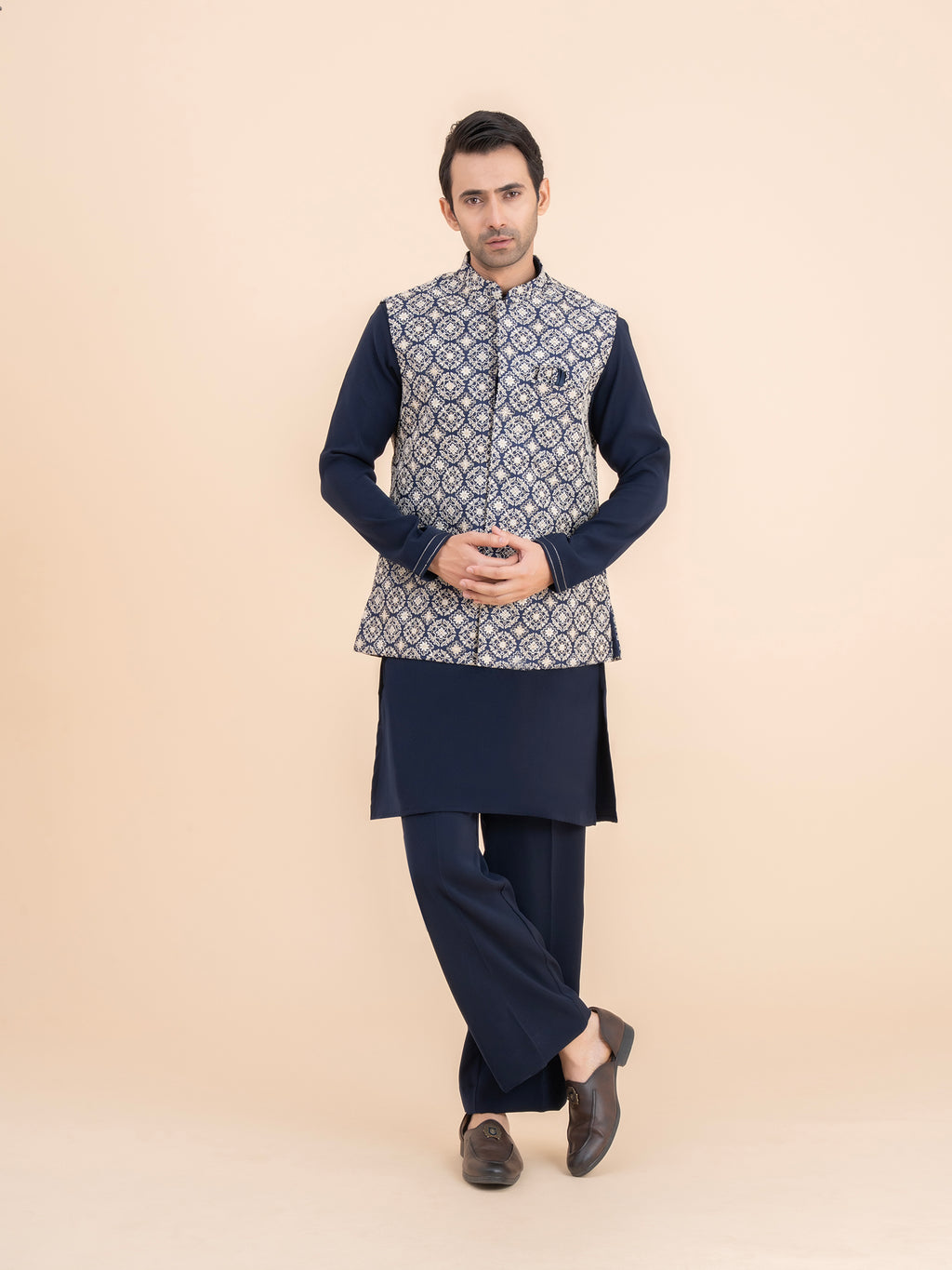 Navy Woven Motif Nehru Jacket