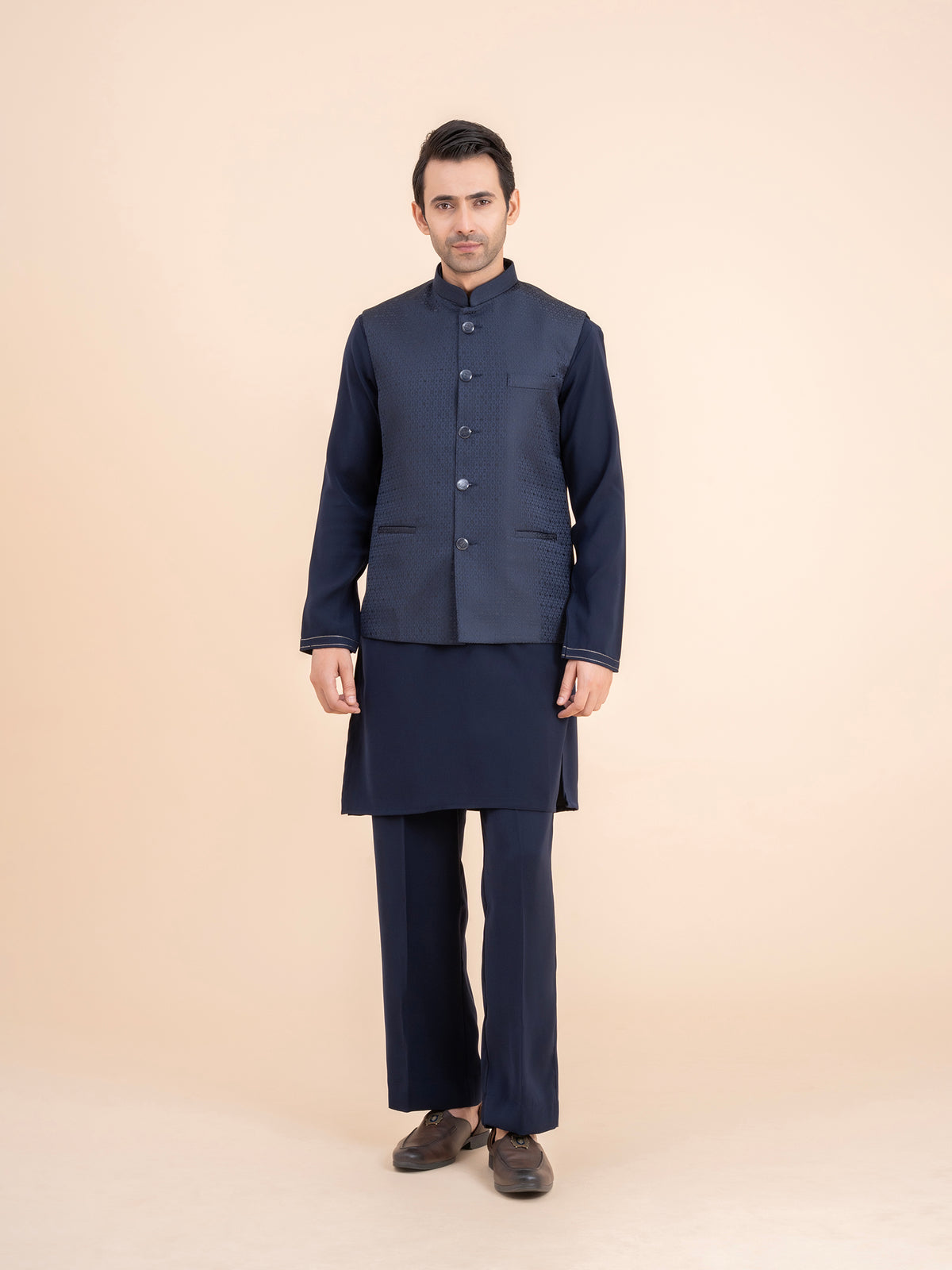 Dark Navy Textured Nehru Jacket