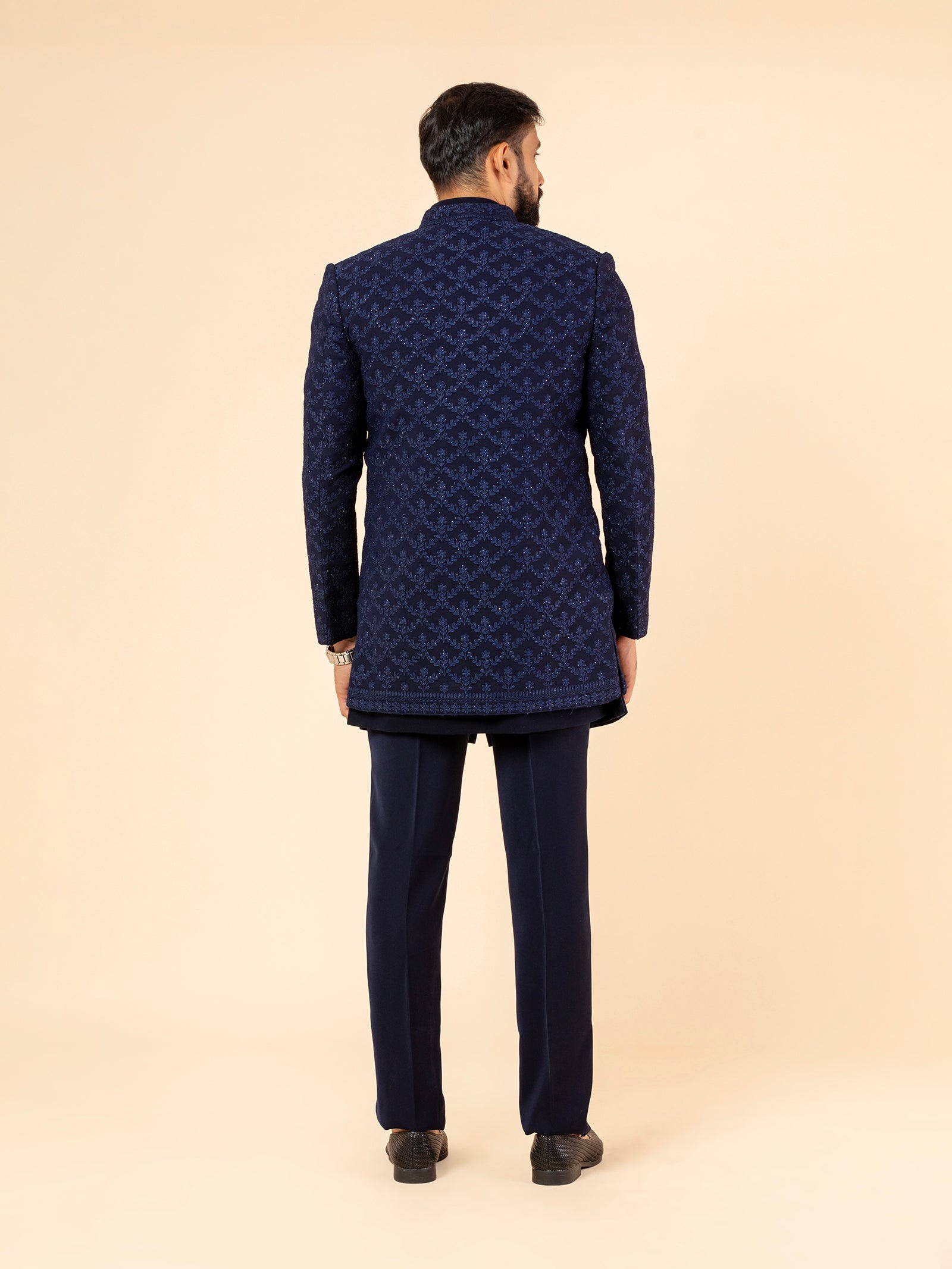 Deep Indigo Floral Threadwork Indowestern Set