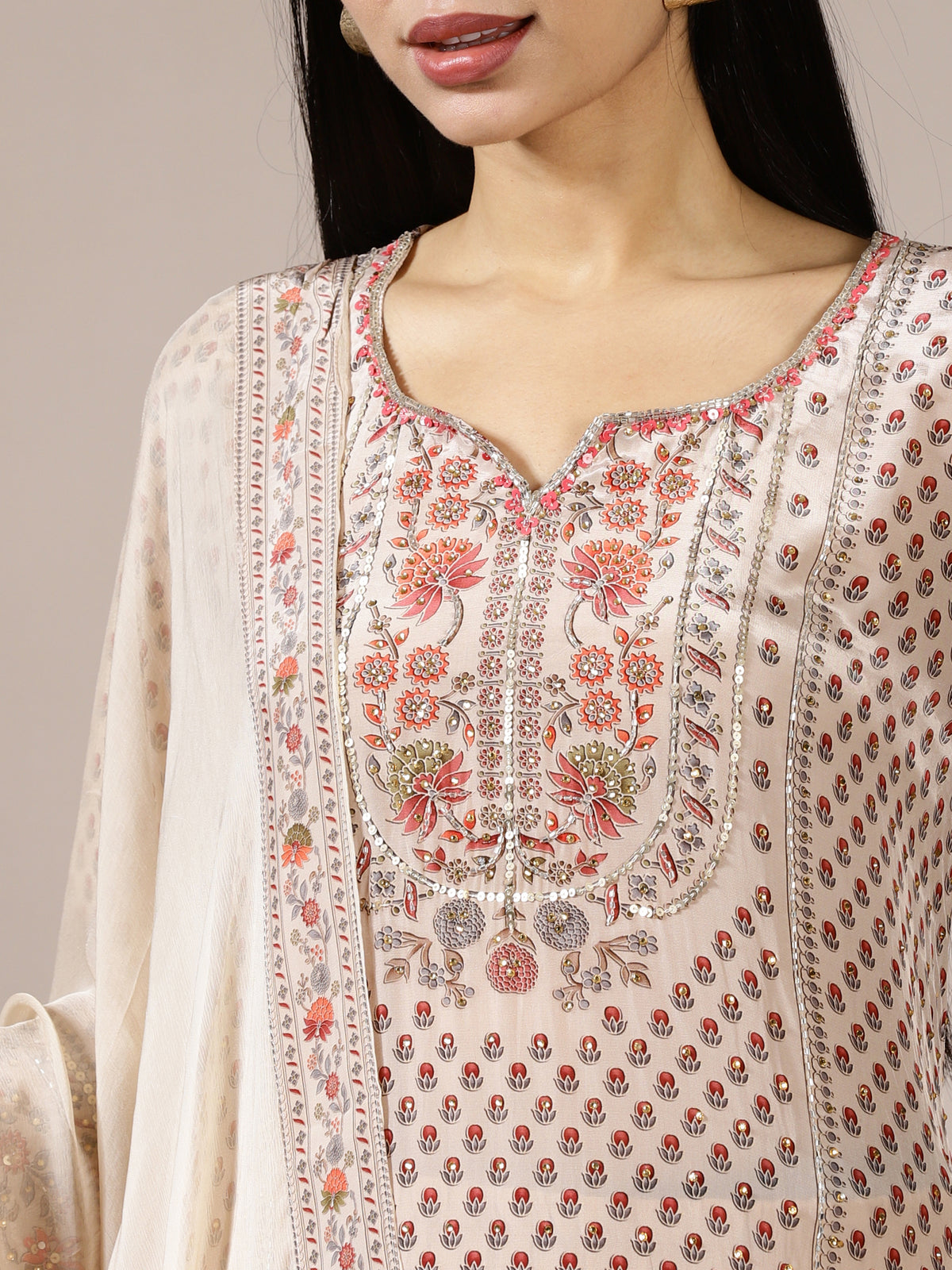 Beige Embroidered Suit Set