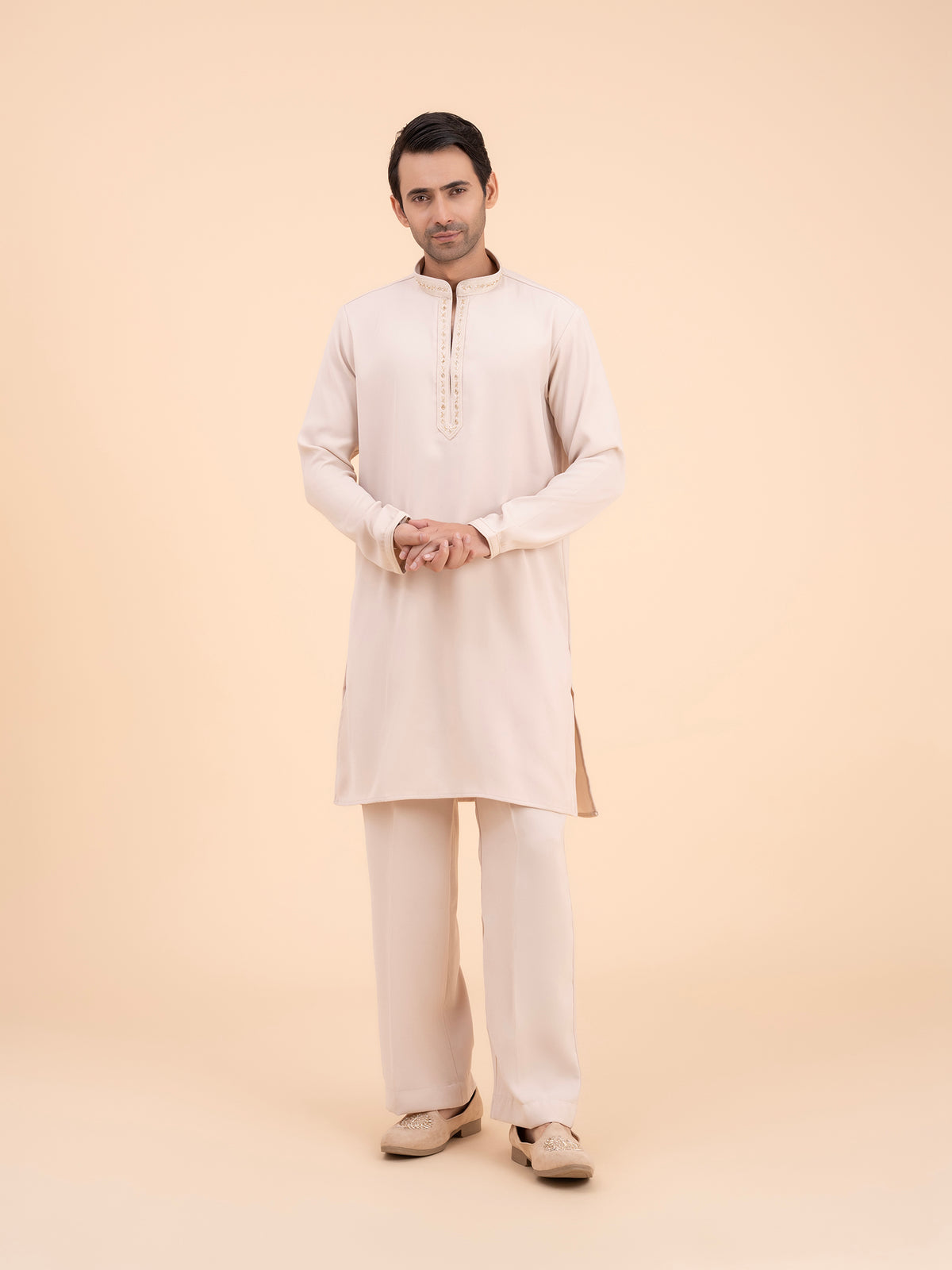 Soft Sand Embellished Neck Kurta Set