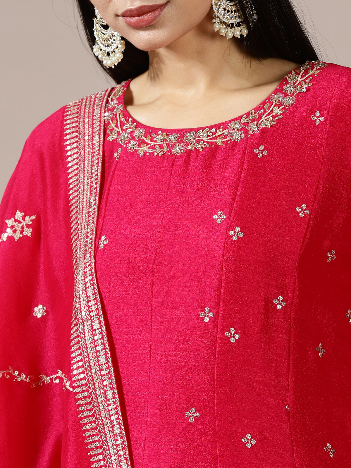 Fuschia Pink Mirror Work A-Line Suit Set
