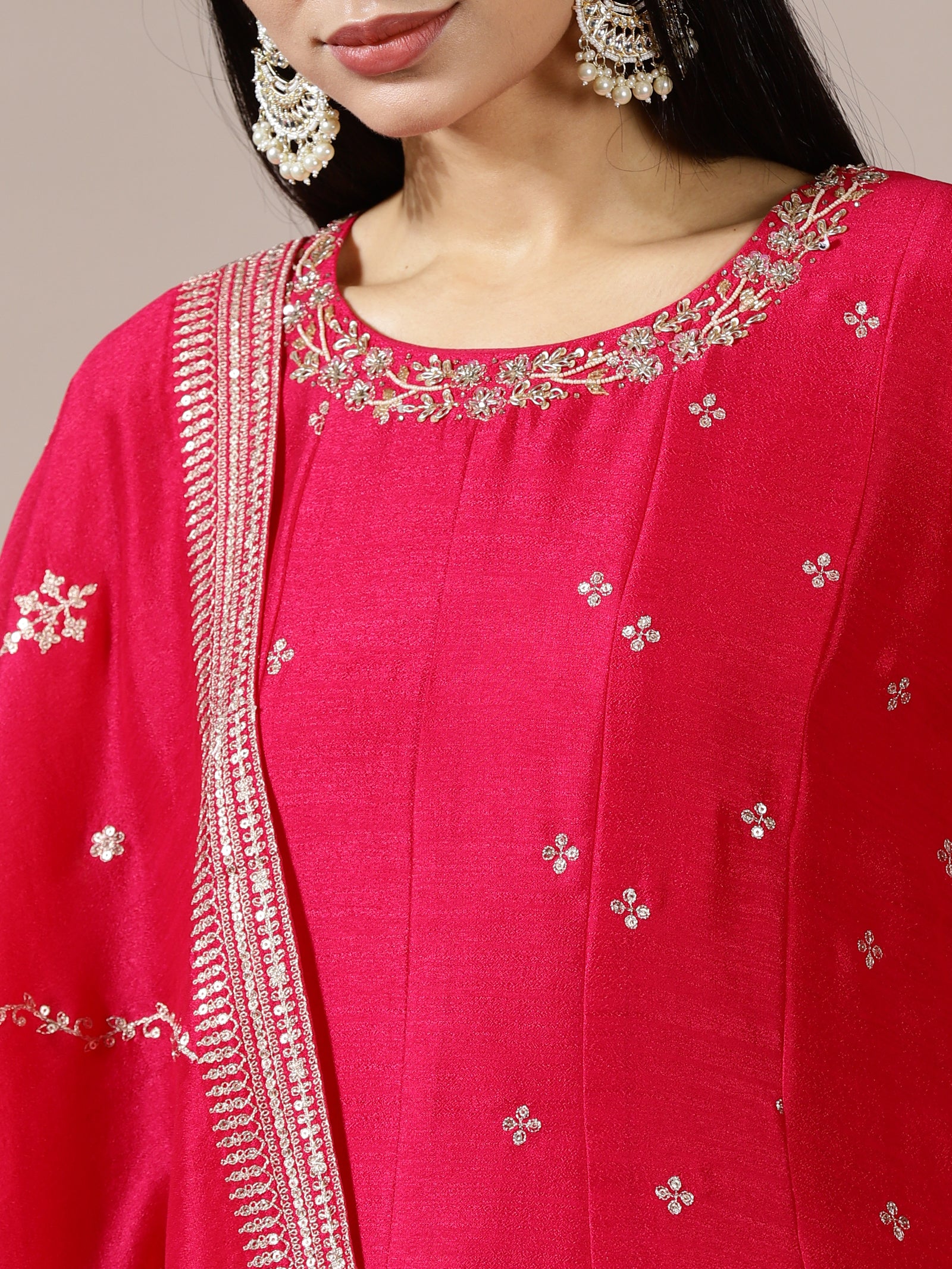 Fuschia Pink Mirror Work A-Line Suit Set