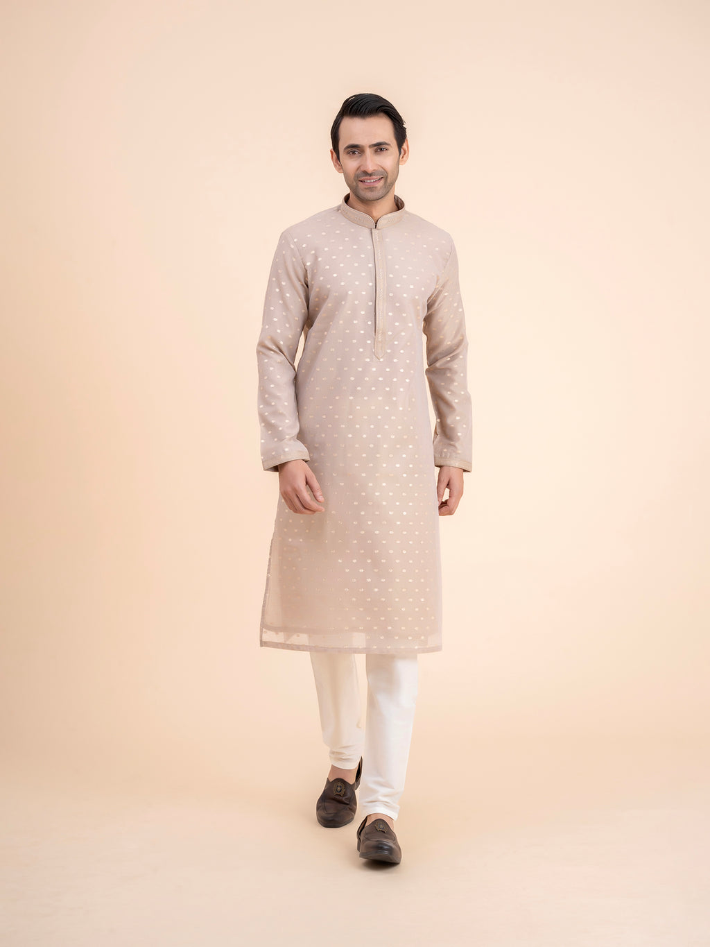 Beige Woven Kurta Set
