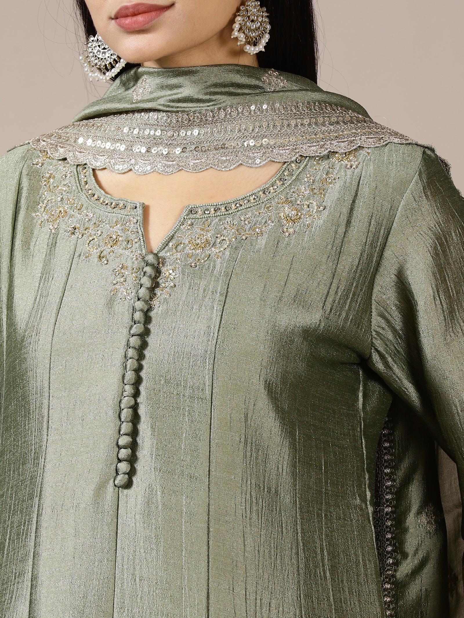 Light Sage Silk Pleated Embroidered Set