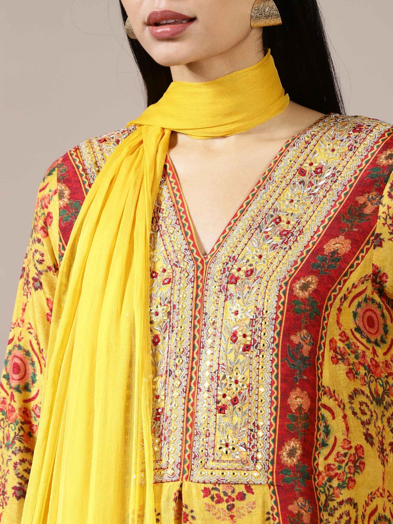 Mustard Block Print A-Line Kurta Set