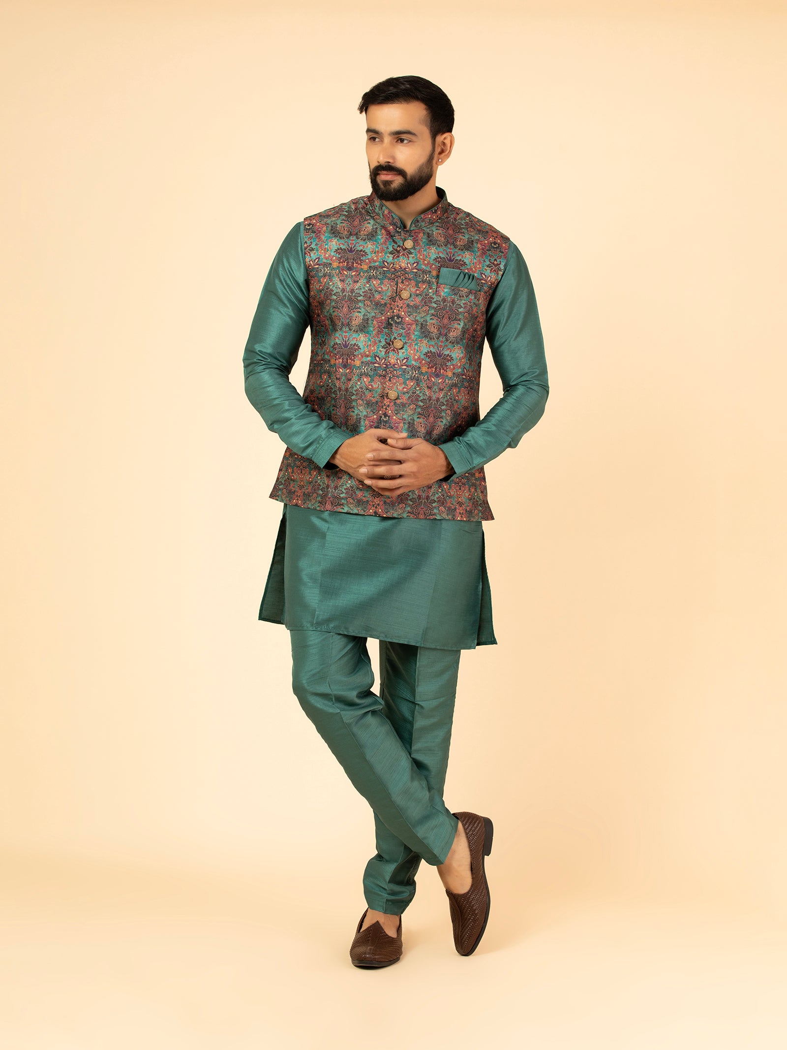 Teal Tapestry Brocade Jacket Set