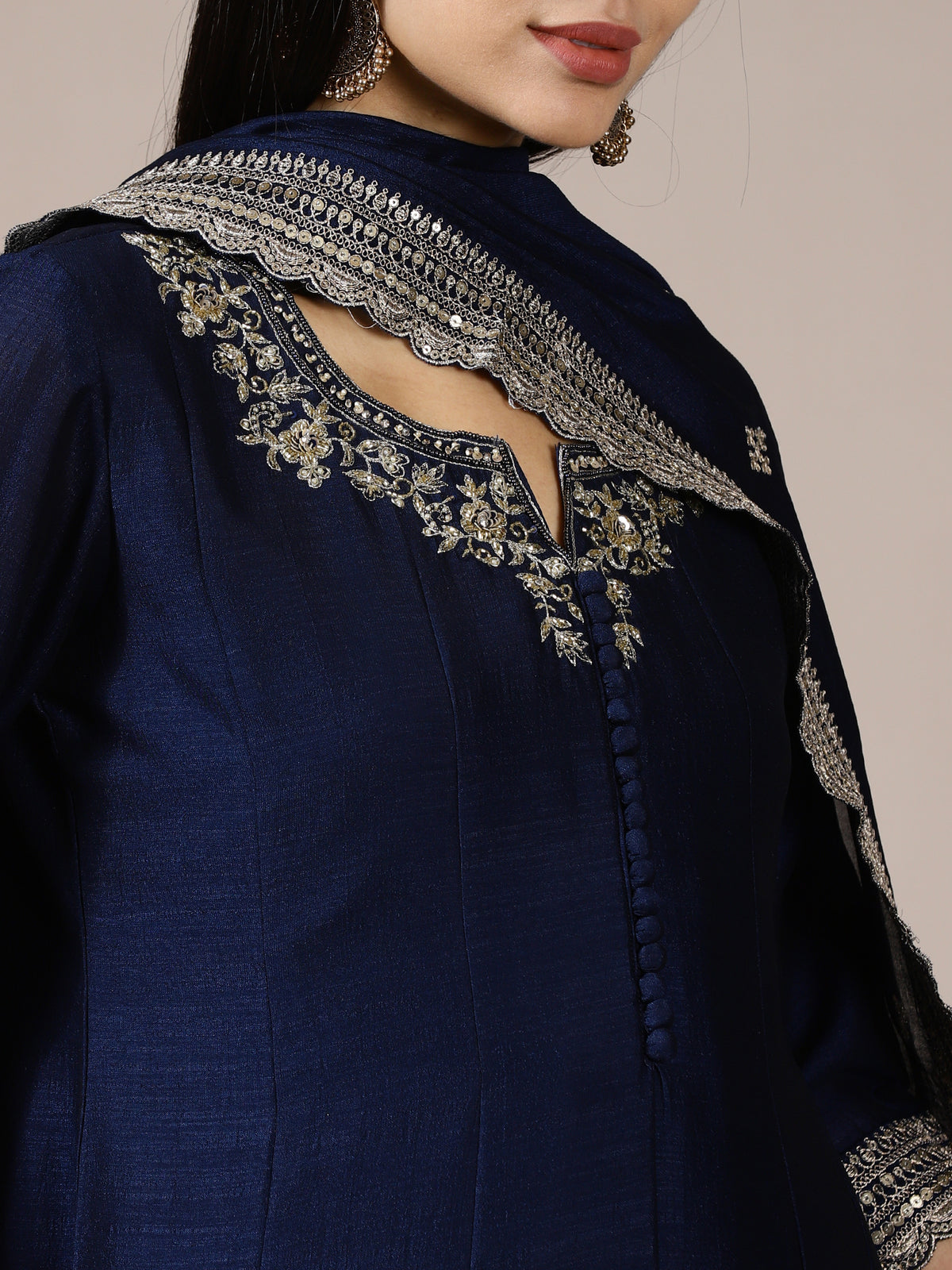 Ink Blue Pleated Embroidered Suit Set