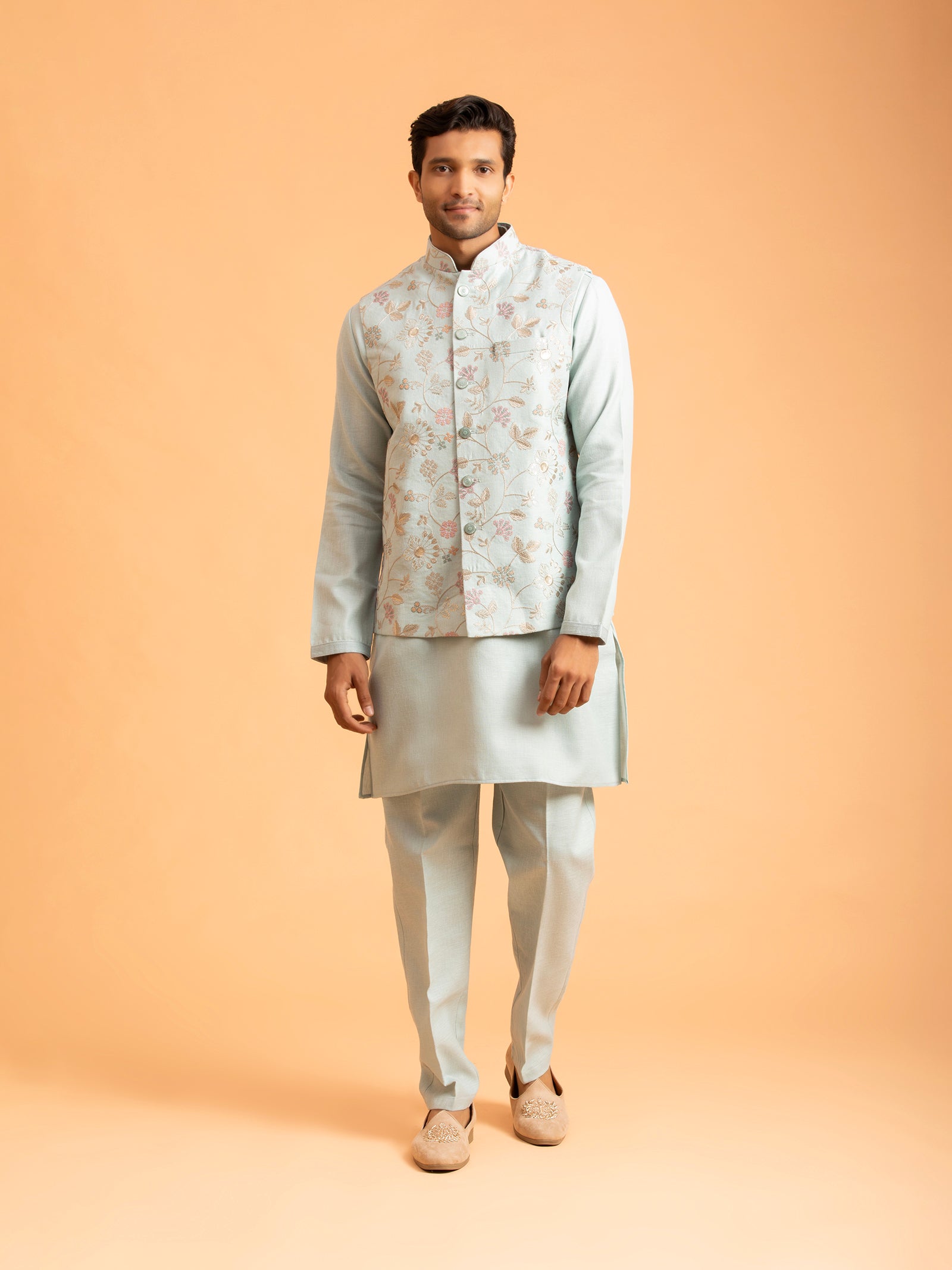 Azure Serenity Floral Embroidered Nehru Jacket Set