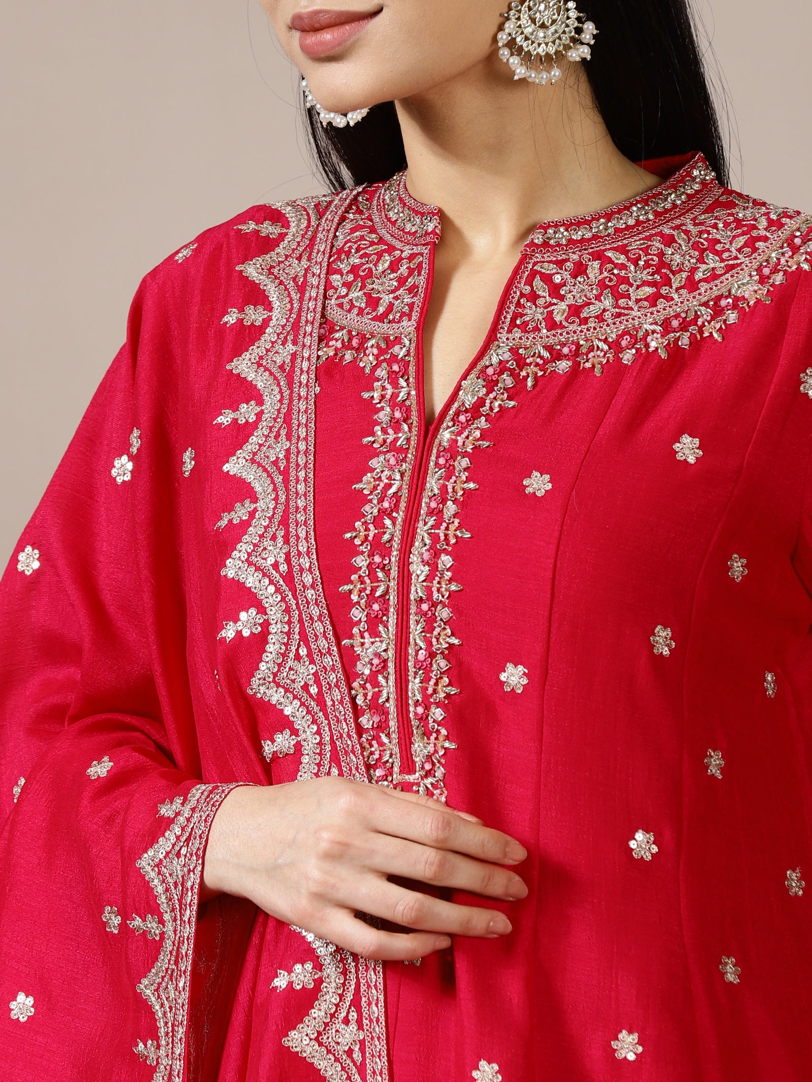 Scarlet Red Zari Embroidered Kurta Set