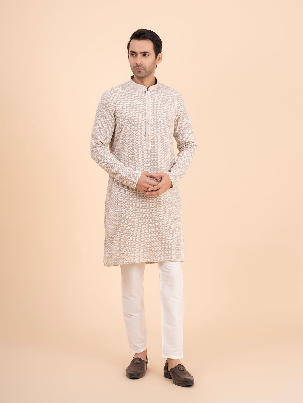 Soft Taupe Chikankari Embroidred Kurta Set