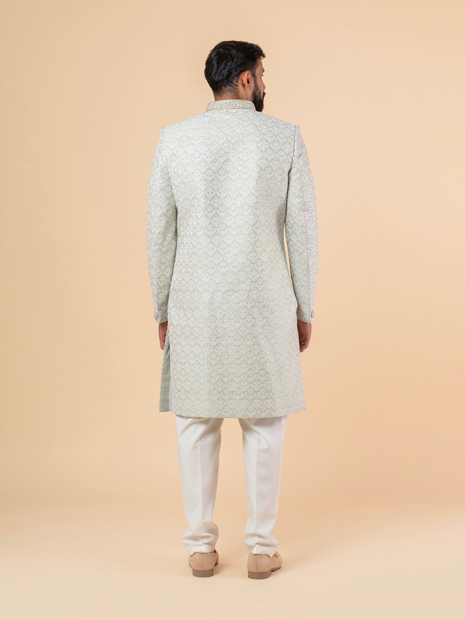 Sage Grey Minimalist Embroidered Sherwani