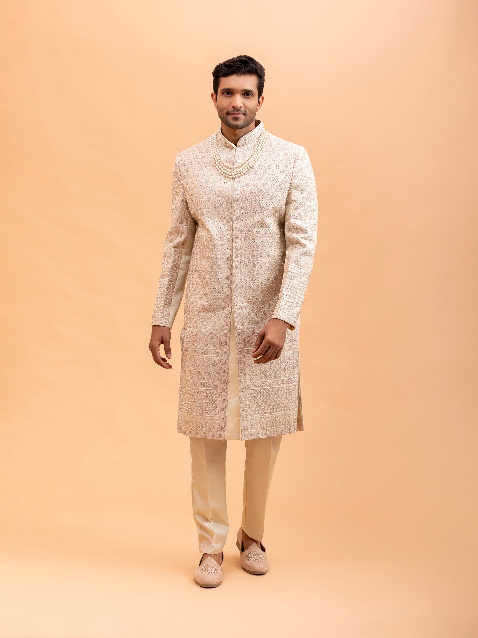 Beige Diamond Embroidered Sherwani Set