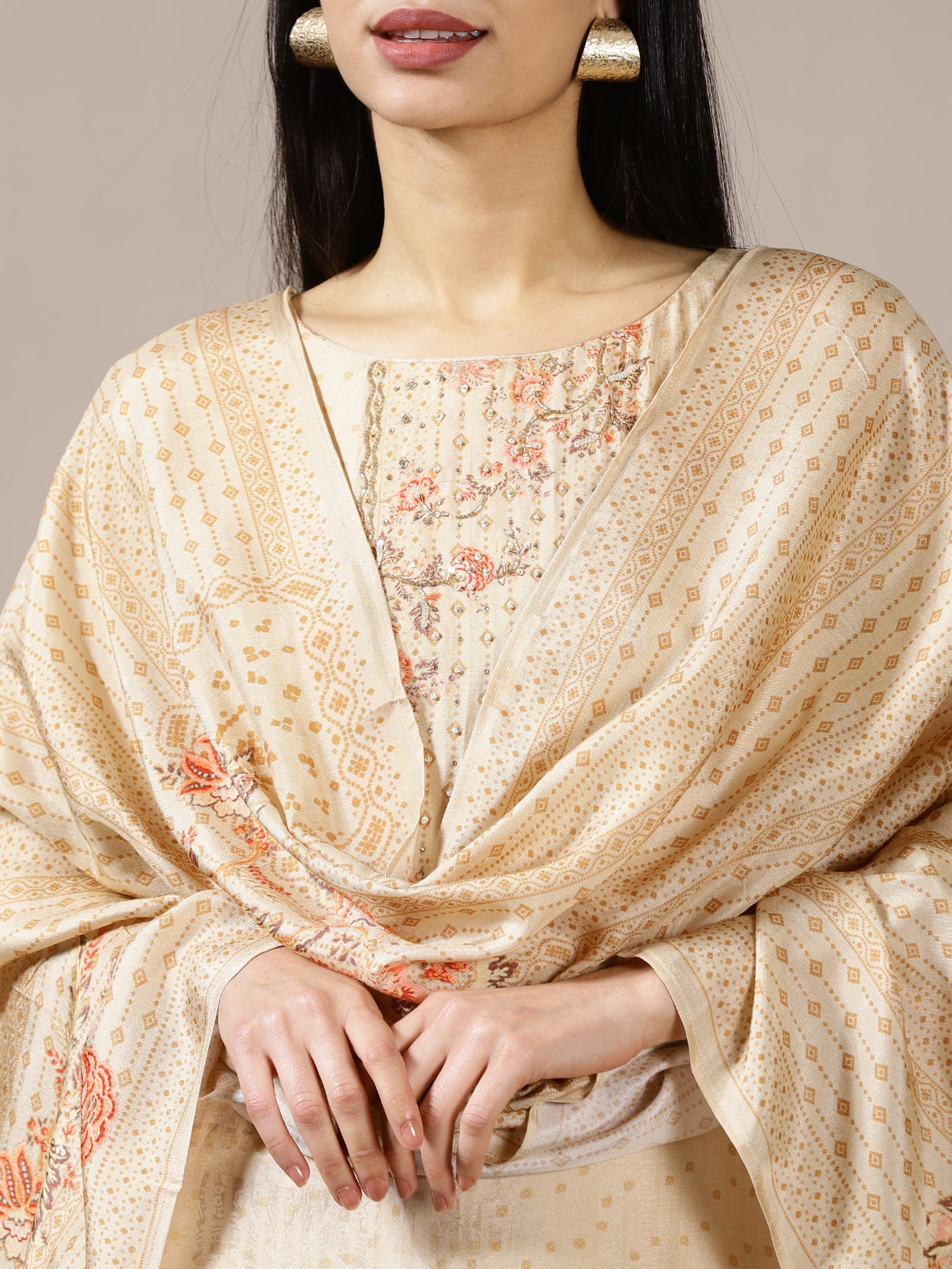 Beige Floral Print Suit Set