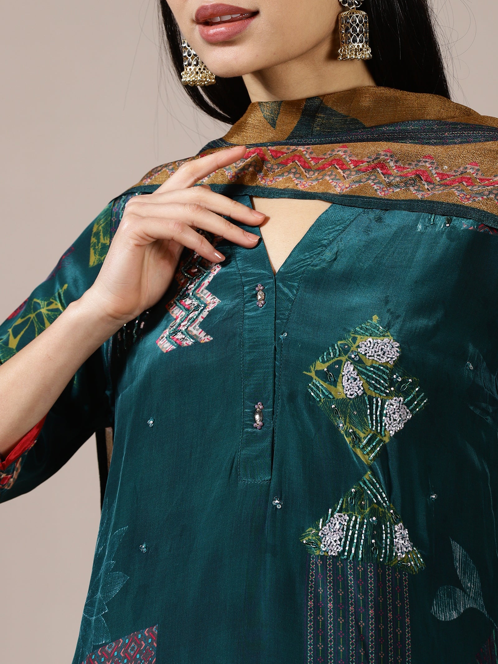 Teal Patchwork Print Suit Set