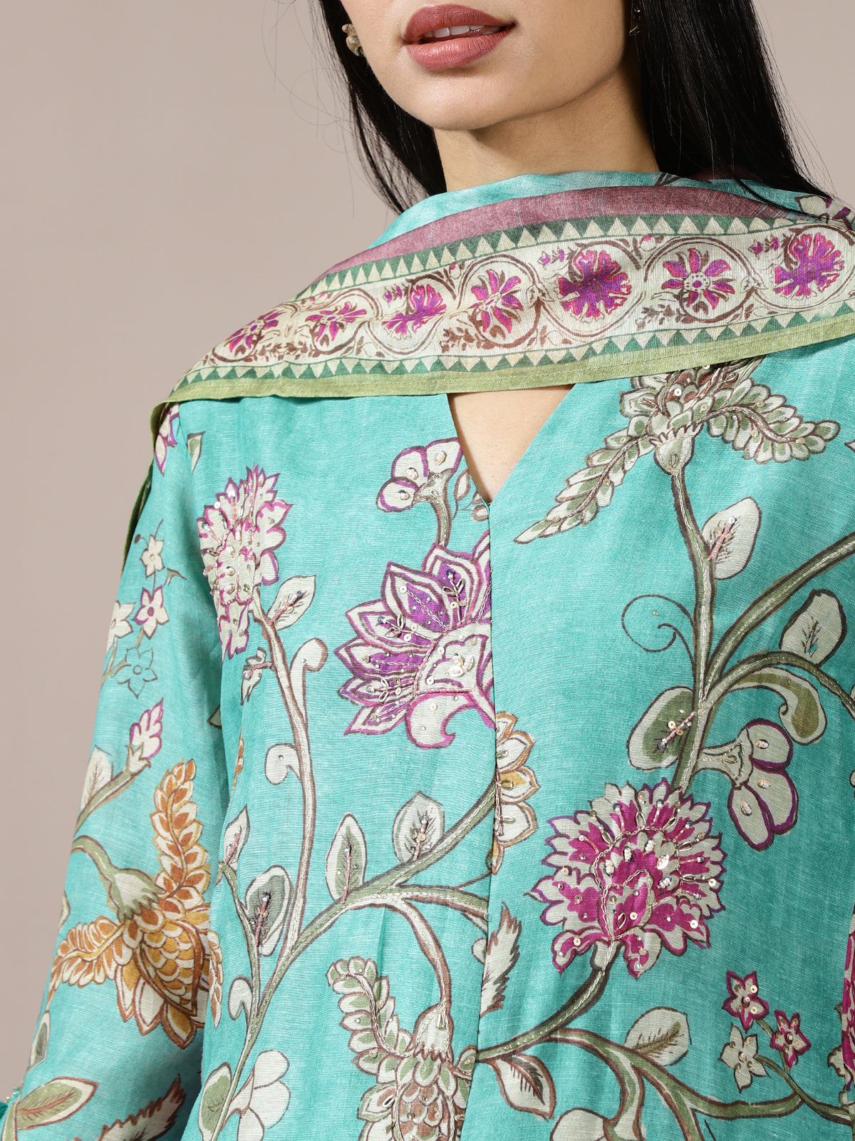 Aqua Floral Vine Printed Suit Set