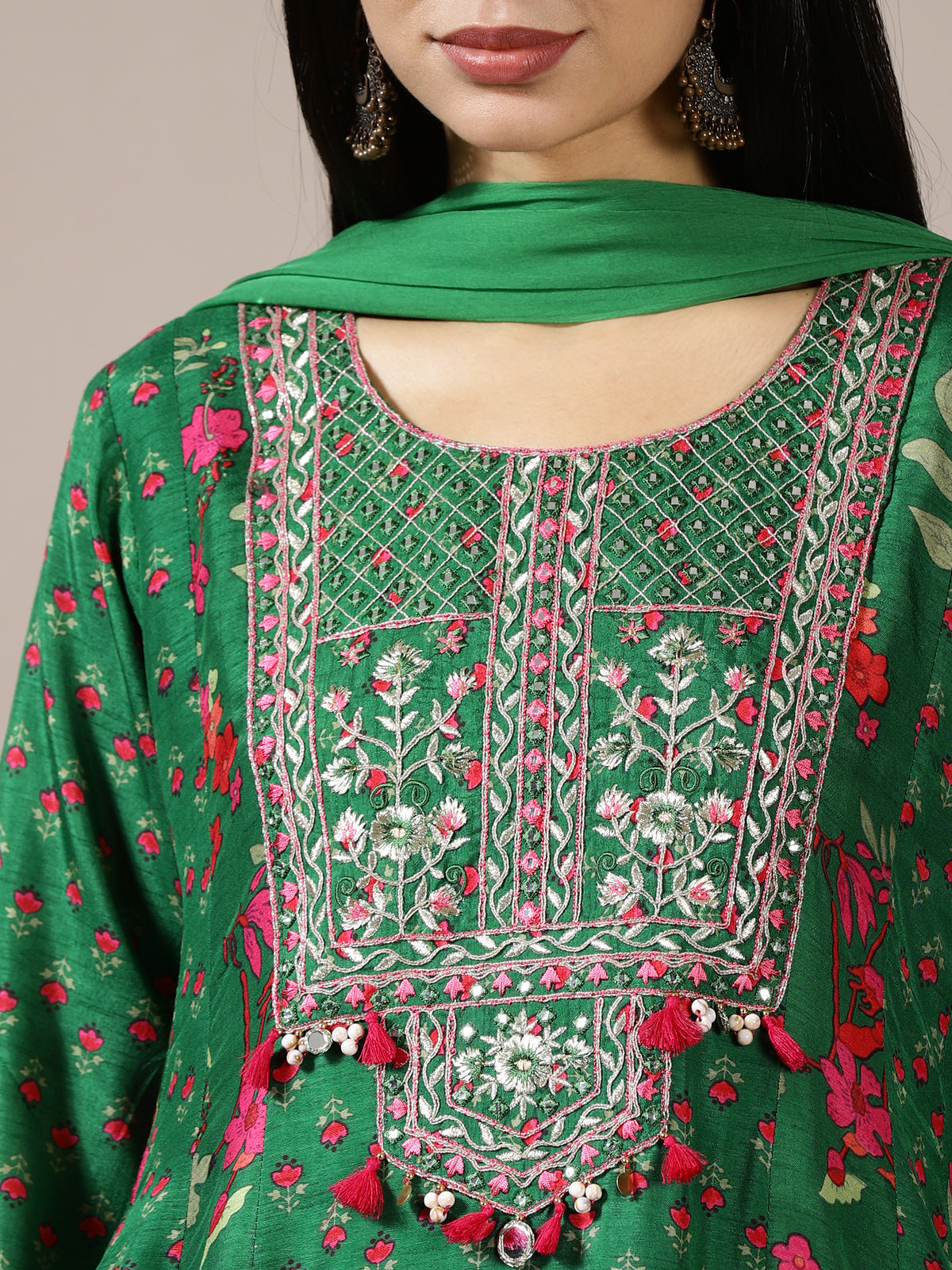Emerald Green Flared Kurta Set with Floral Print